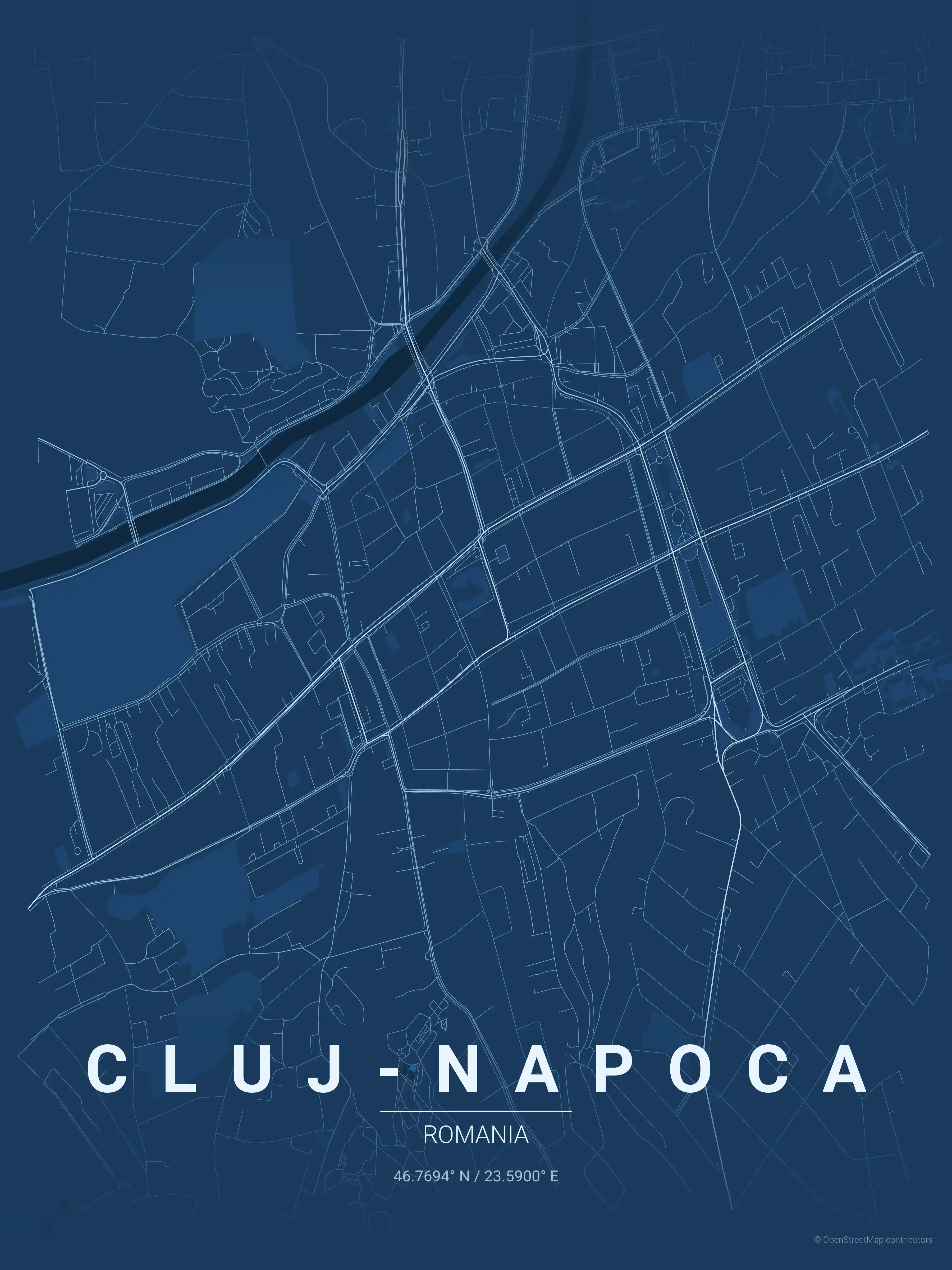 Minimalist blueprint street map of Cluj-Napoca, Romania - Urban grid art