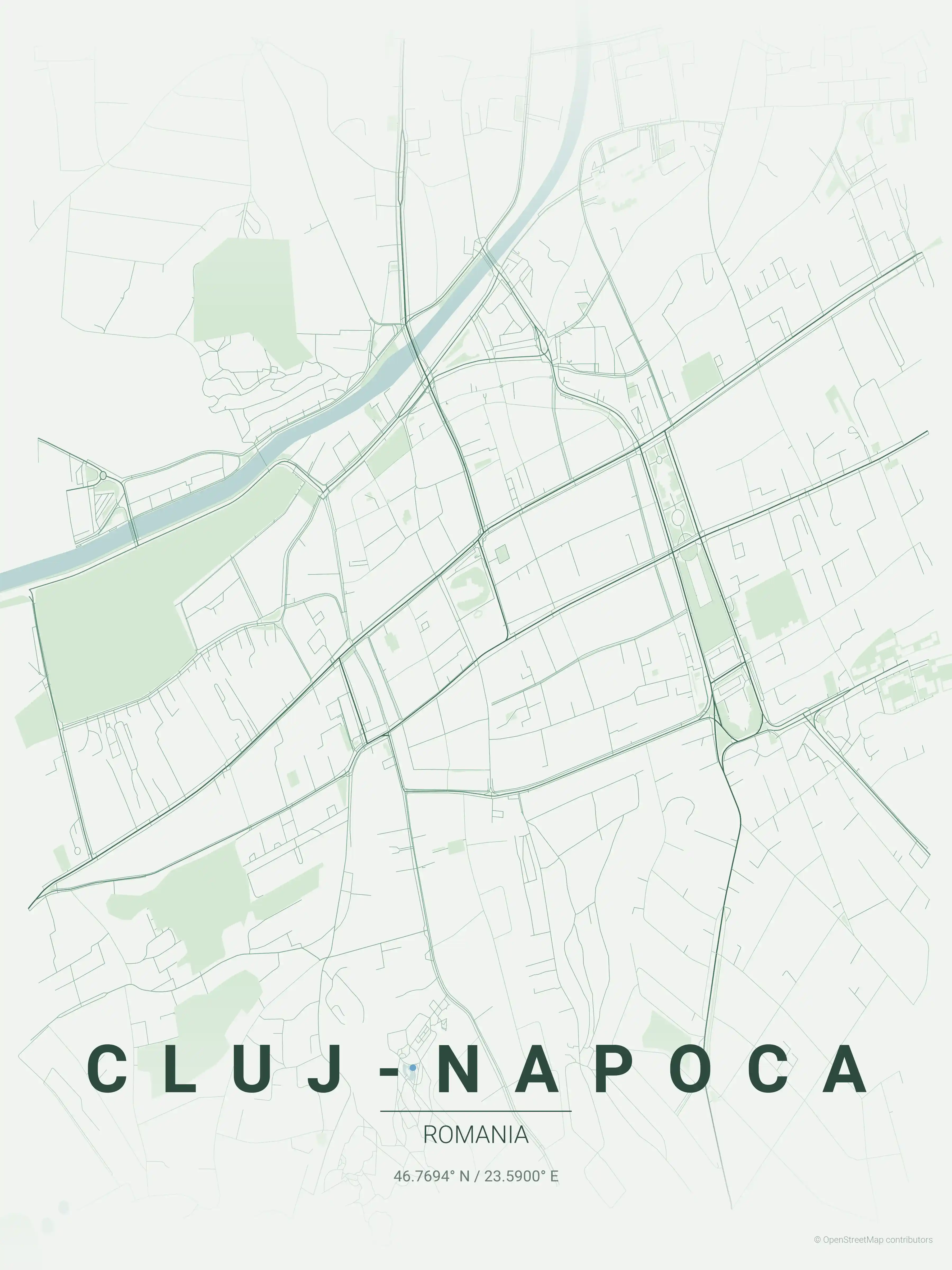 Minimalist forest street map of Cluj-Napoca, Romania - Urban grid art