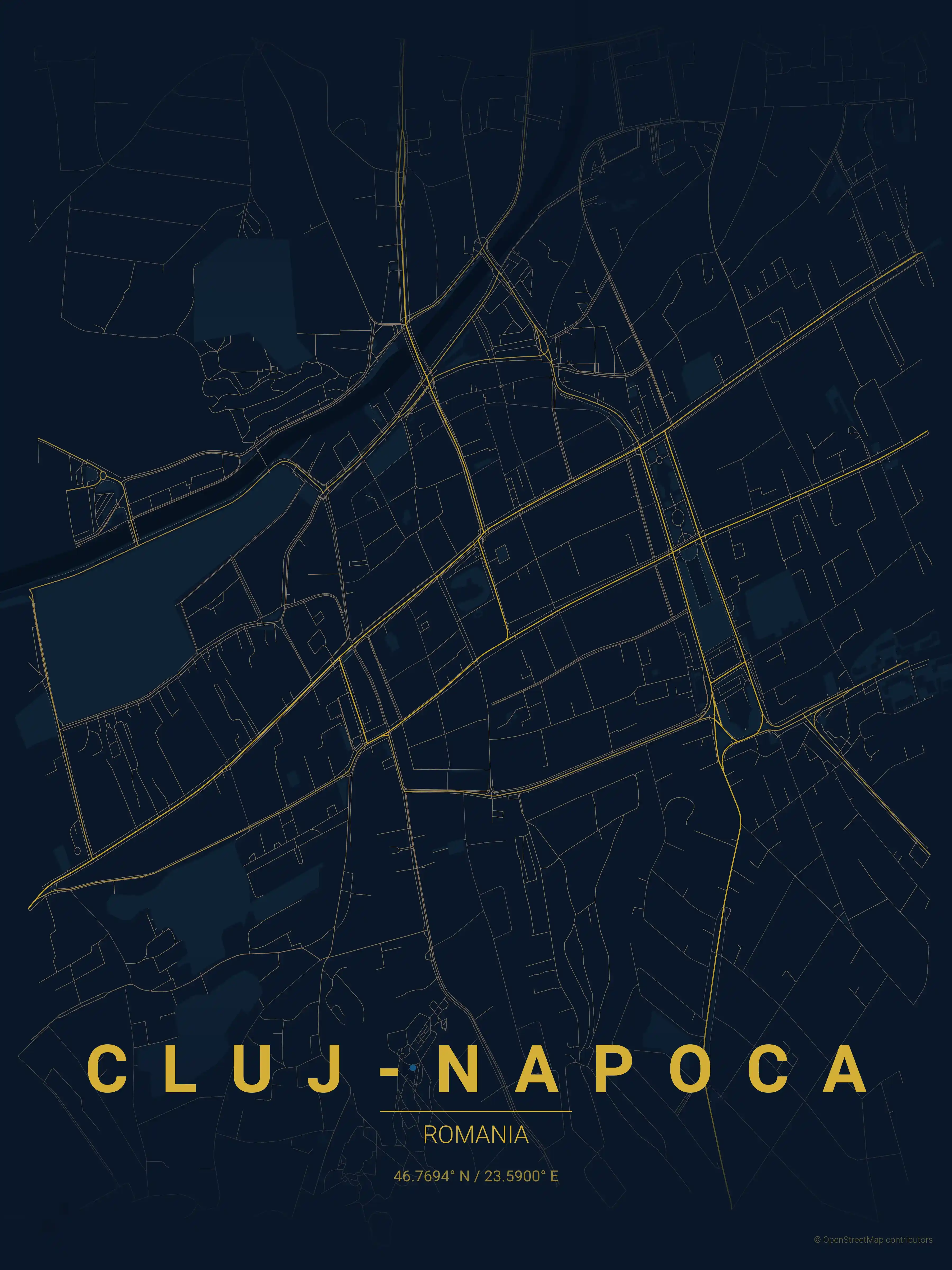Minimalist midnight_blue street map of Cluj-Napoca, Romania - Urban grid art
