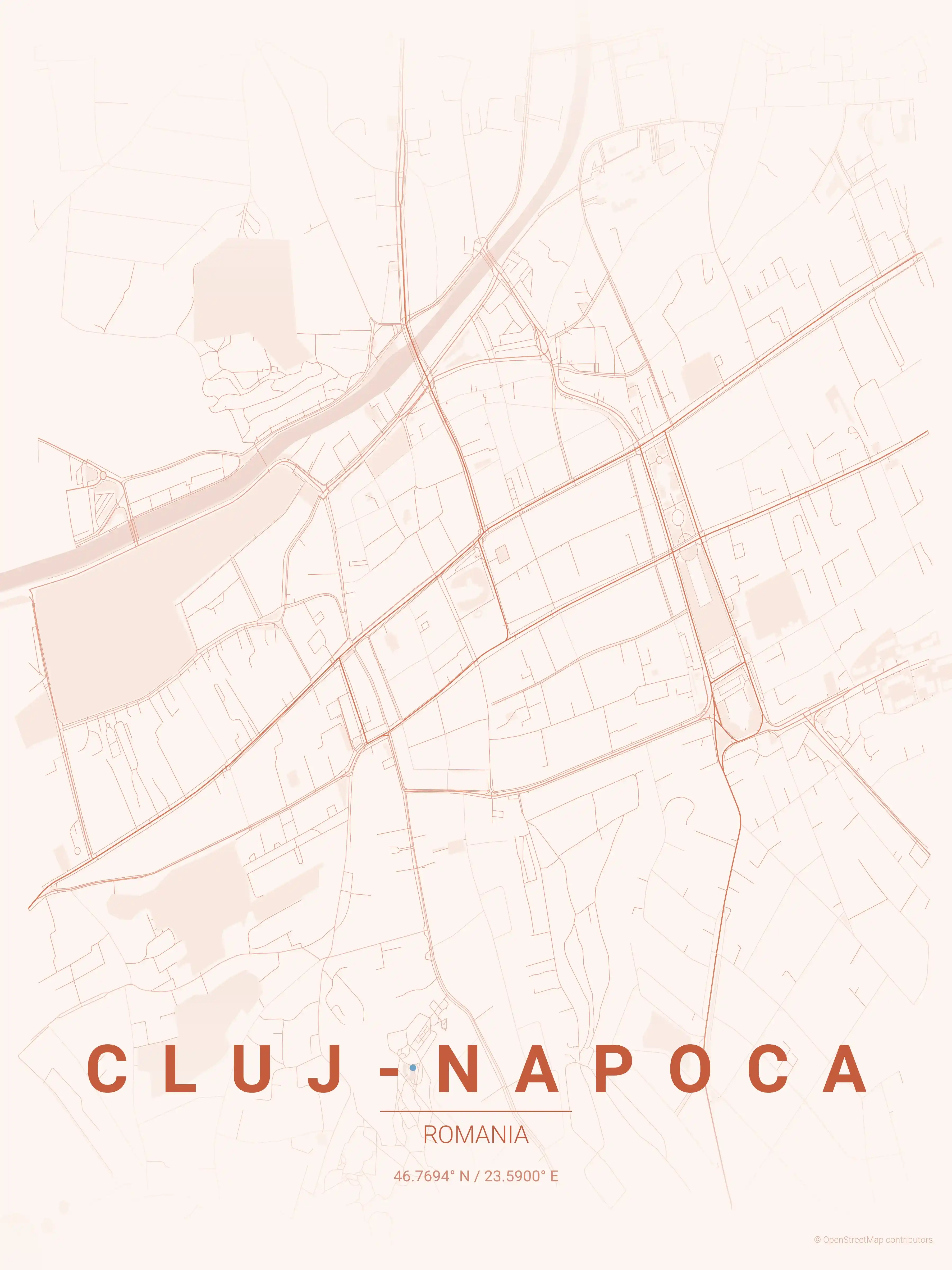 Minimalist sunset street map of Cluj-Napoca, Romania - Urban grid art
