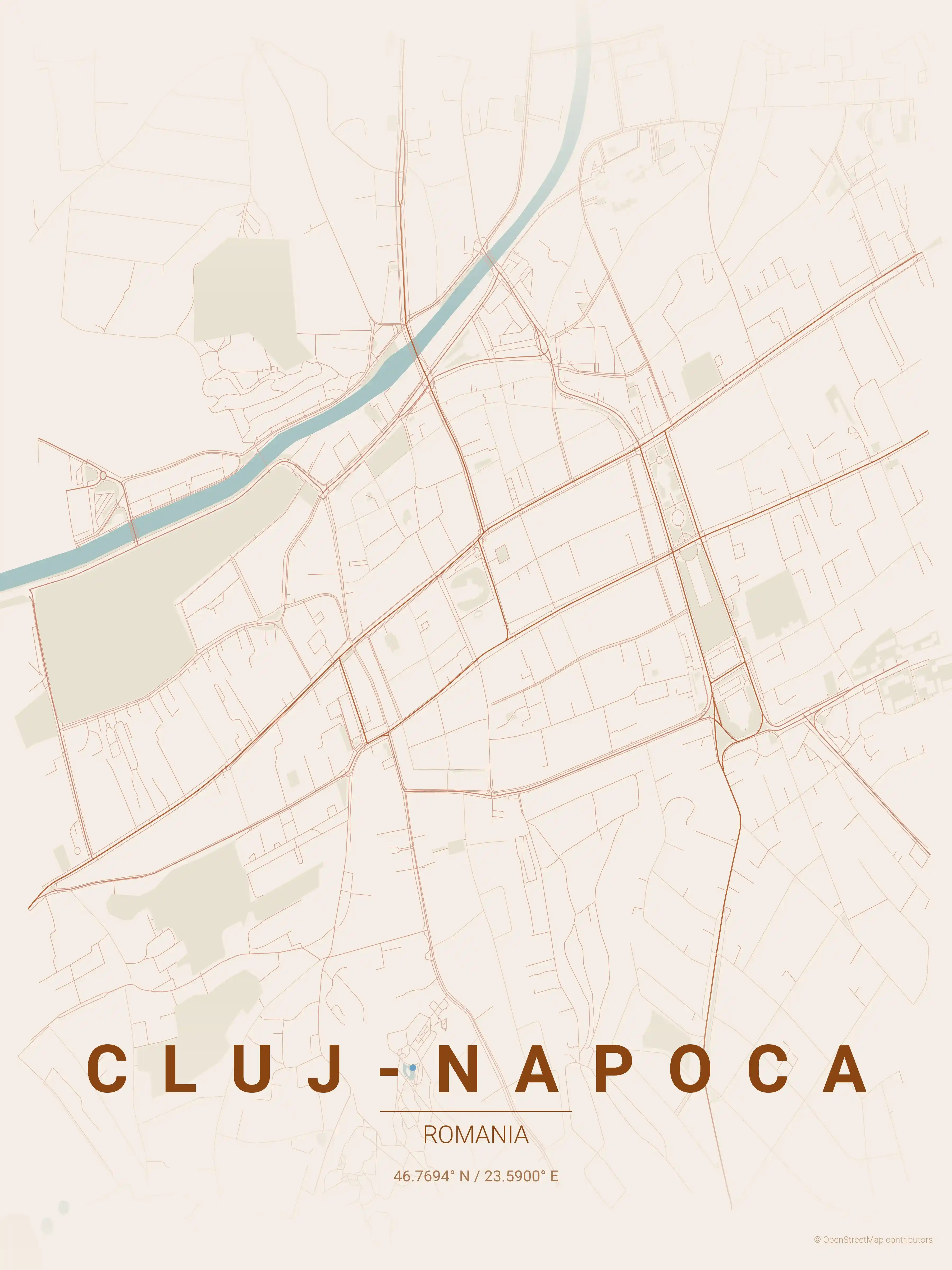 Minimalist terracotta street map of Cluj-Napoca, Romania - Urban grid art