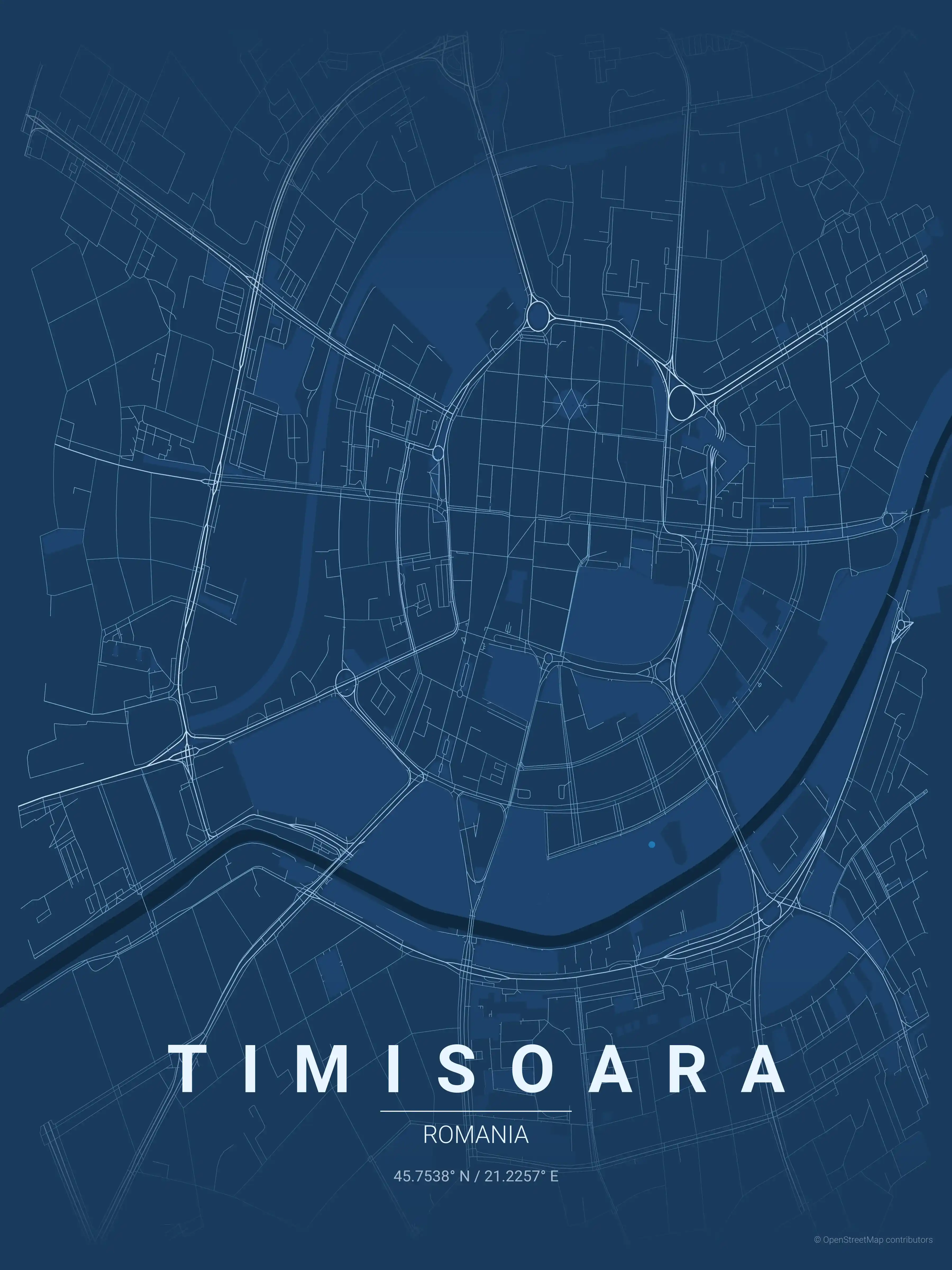 Minimalist blueprint street map of Timisoara, Romania - Urban grid art