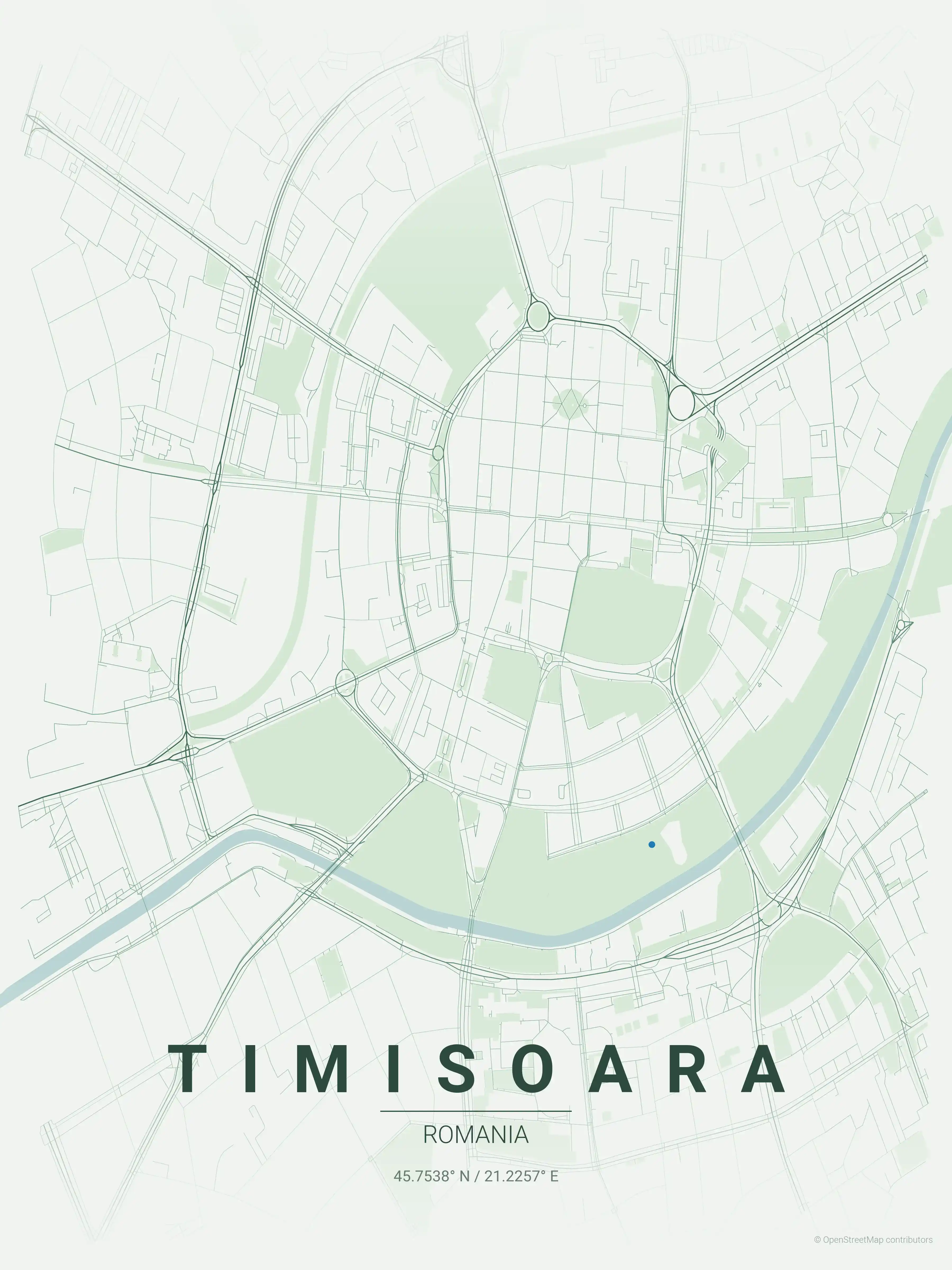 Minimalist forest street map of Timisoara, Romania - Urban grid art