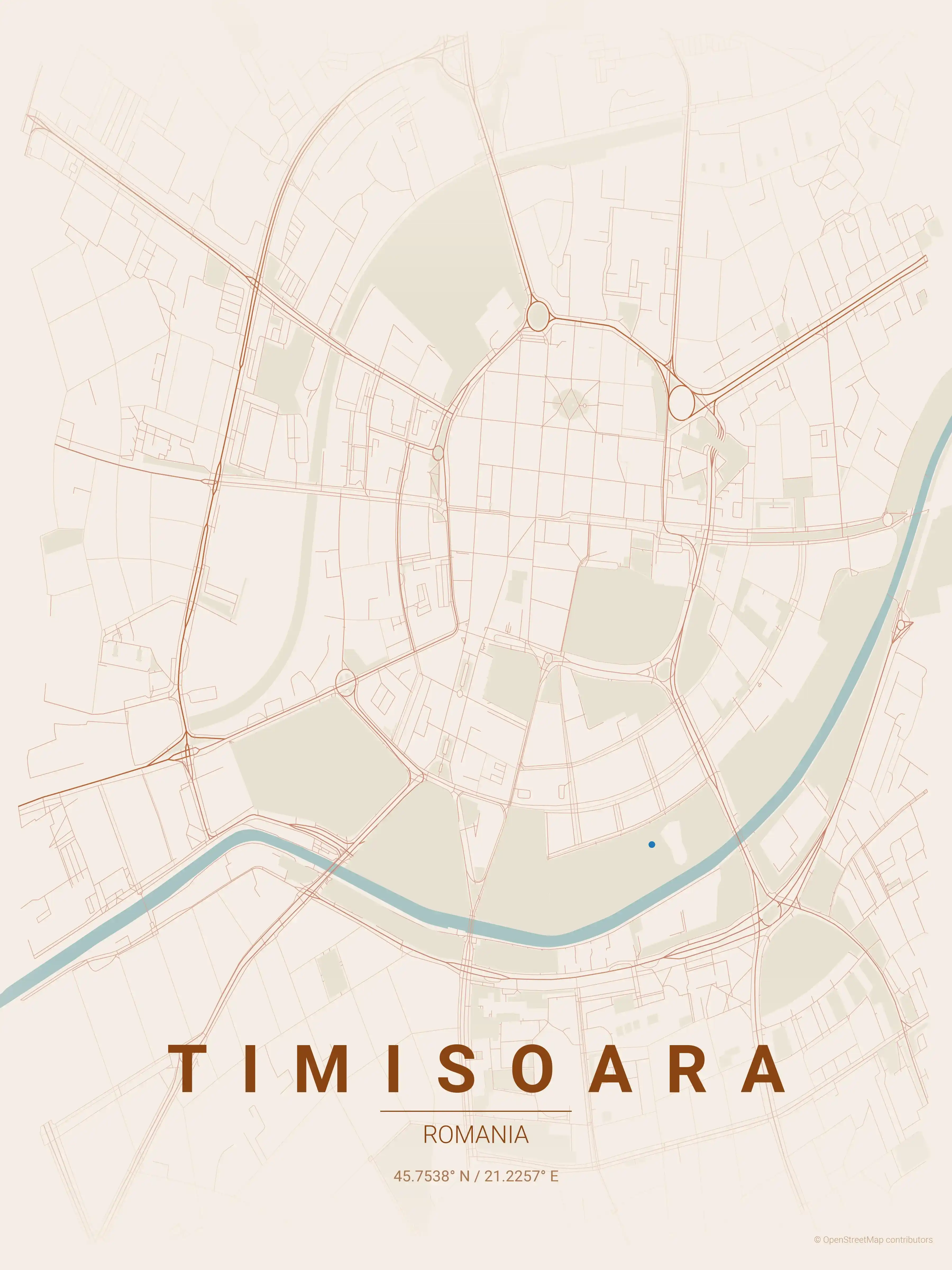 Minimalist terracotta street map of Timisoara, Romania - Urban grid art