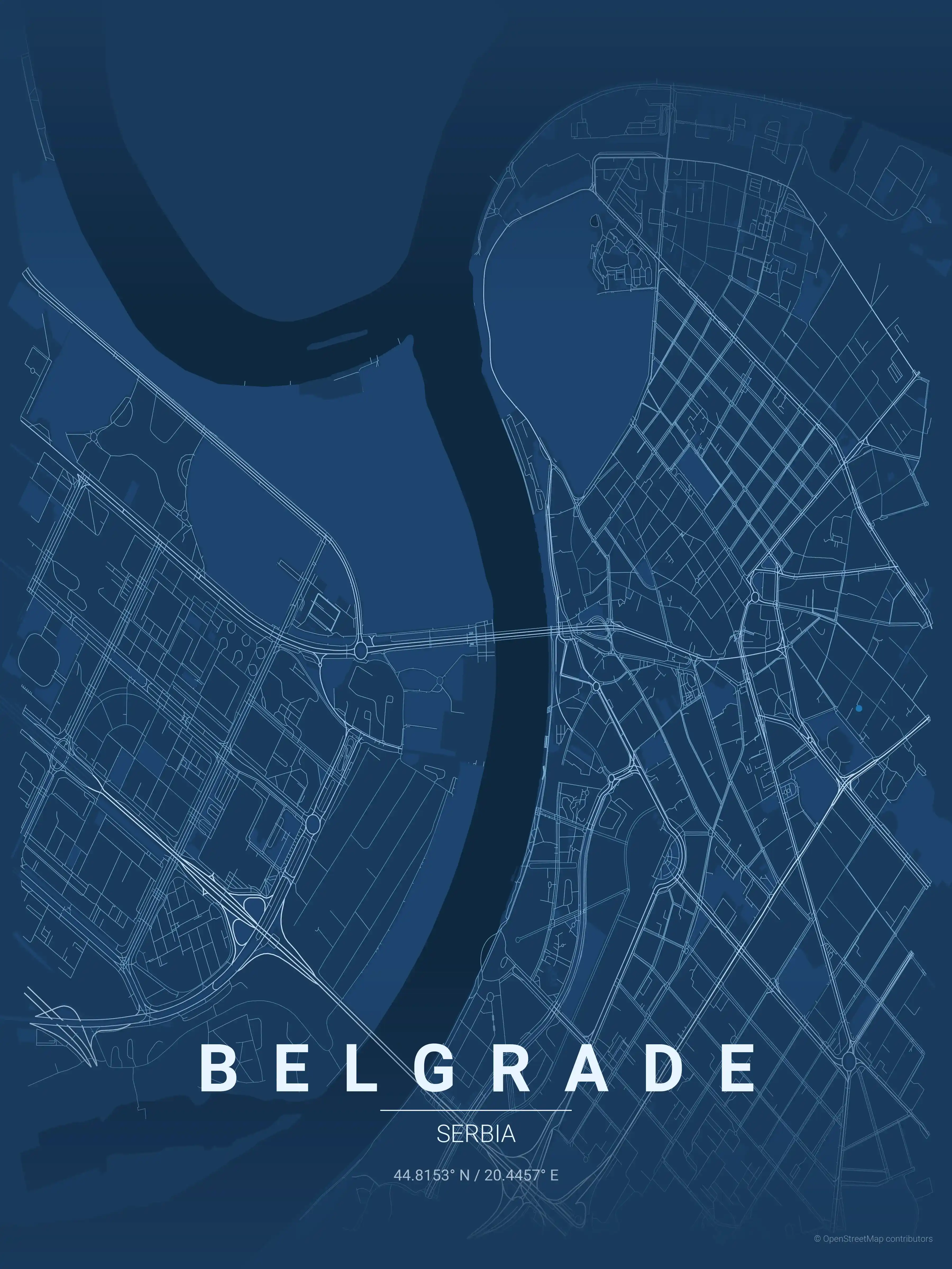 Minimalist blueprint street map of Belgrade, Serbia - Urban grid art