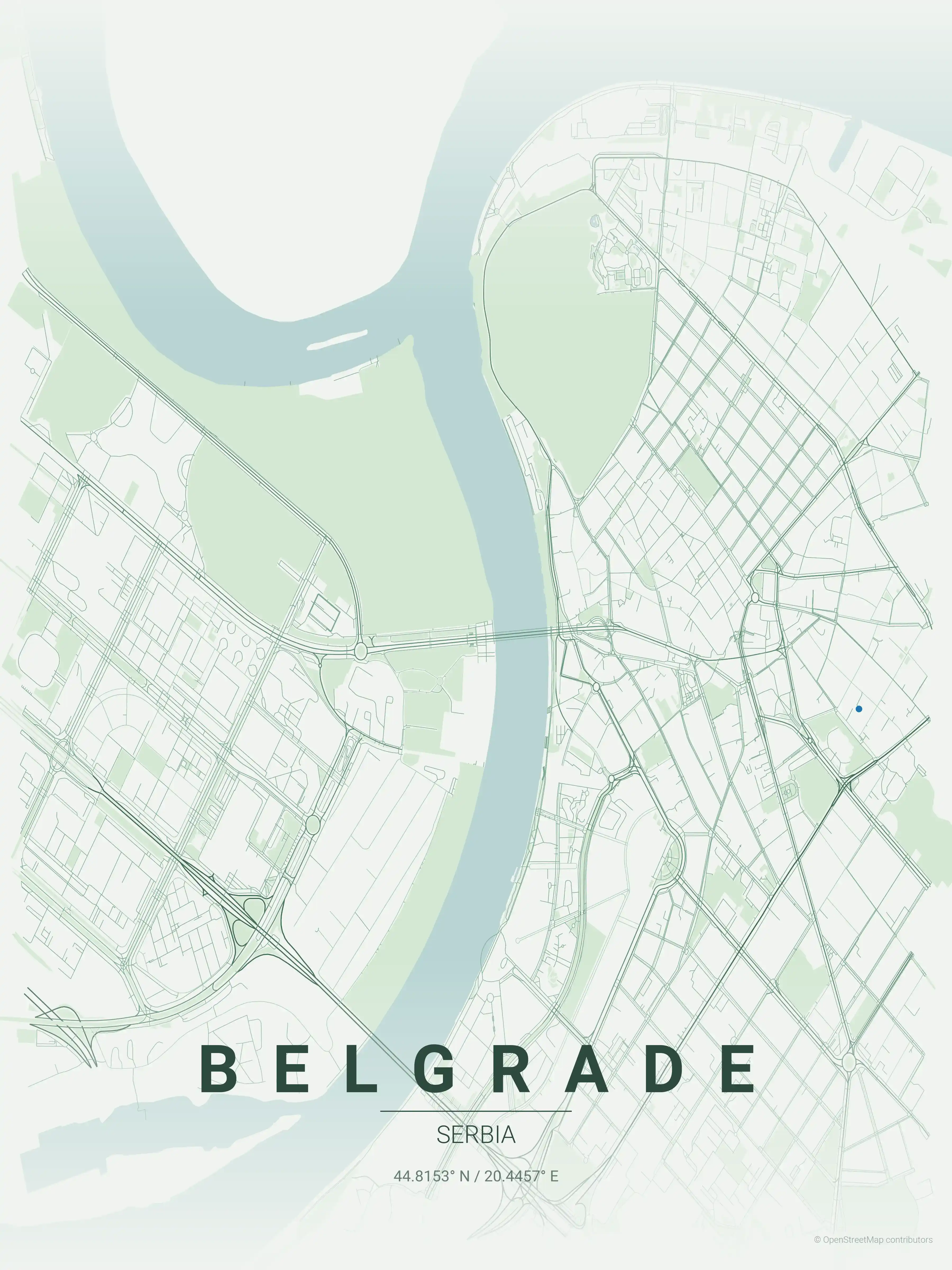 Minimalist forest street map of Belgrade, Serbia - Urban grid art