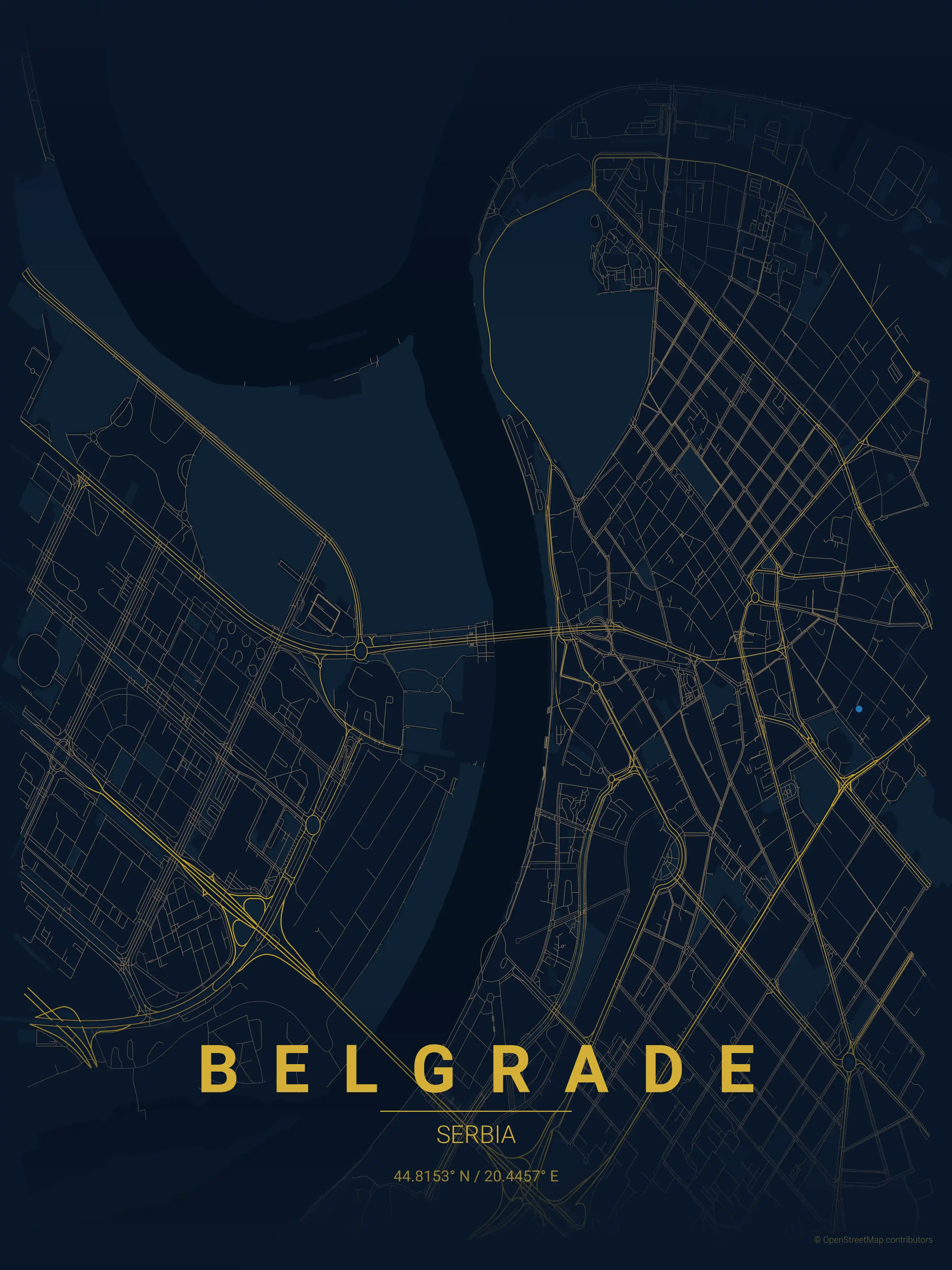 Minimalist midnight_blue street map of Belgrade, Serbia - Urban grid art