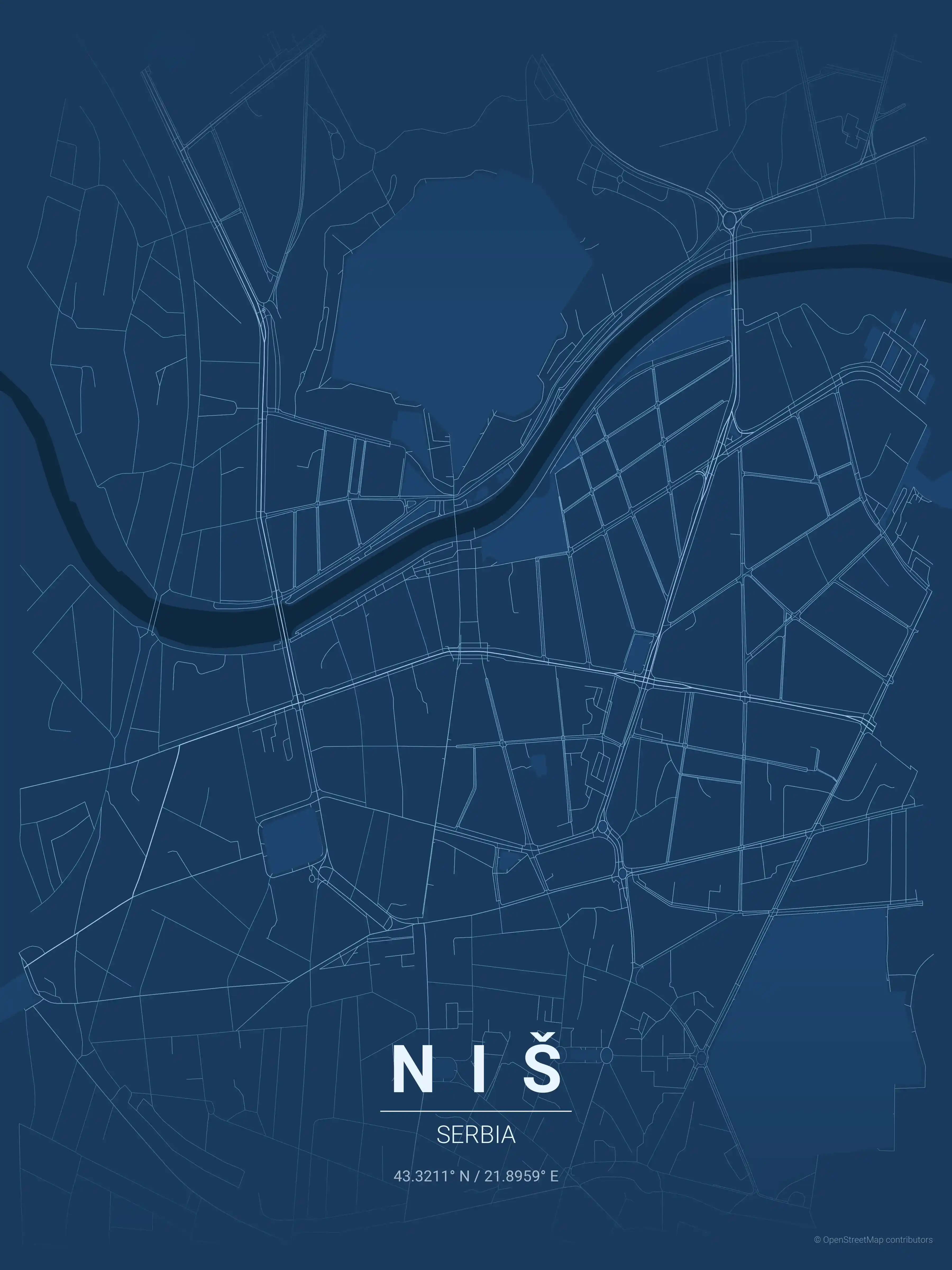 Minimalist blueprint street map of Niš, Serbia - Urban grid art