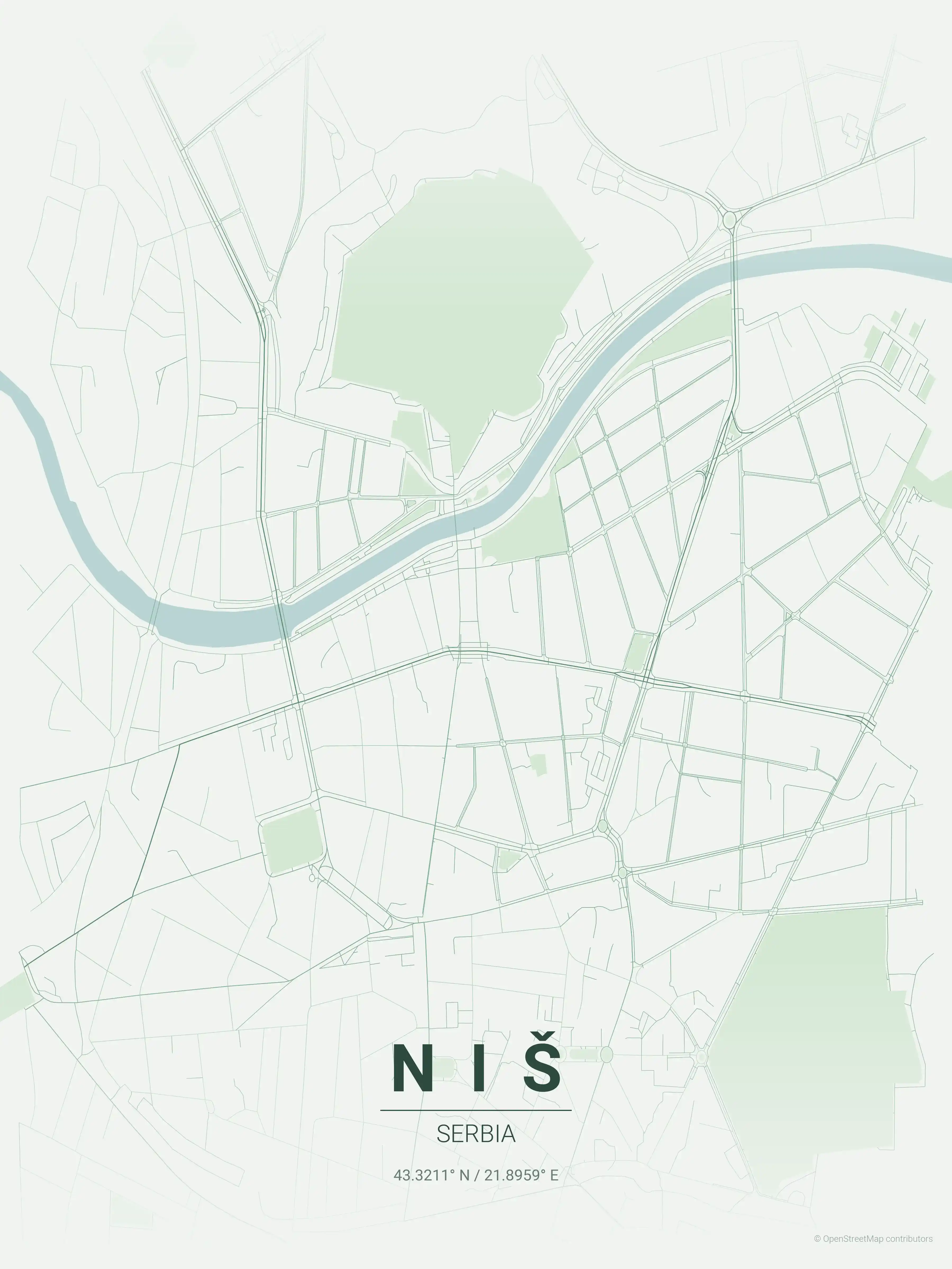 Minimalist forest street map of Niš, Serbia - Urban grid art