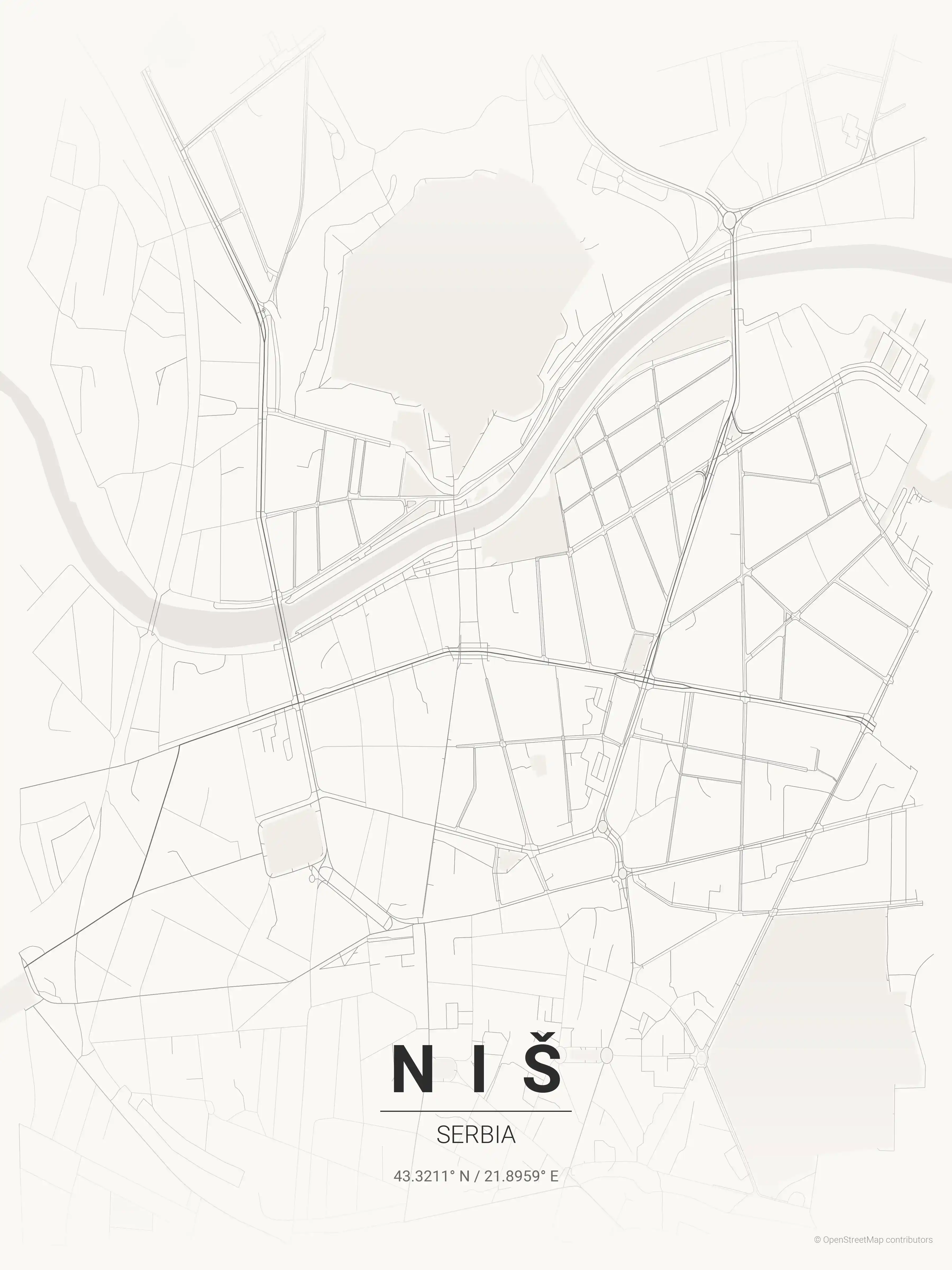 Minimalist japanese_ink street map of Niš, Serbia - Urban grid art