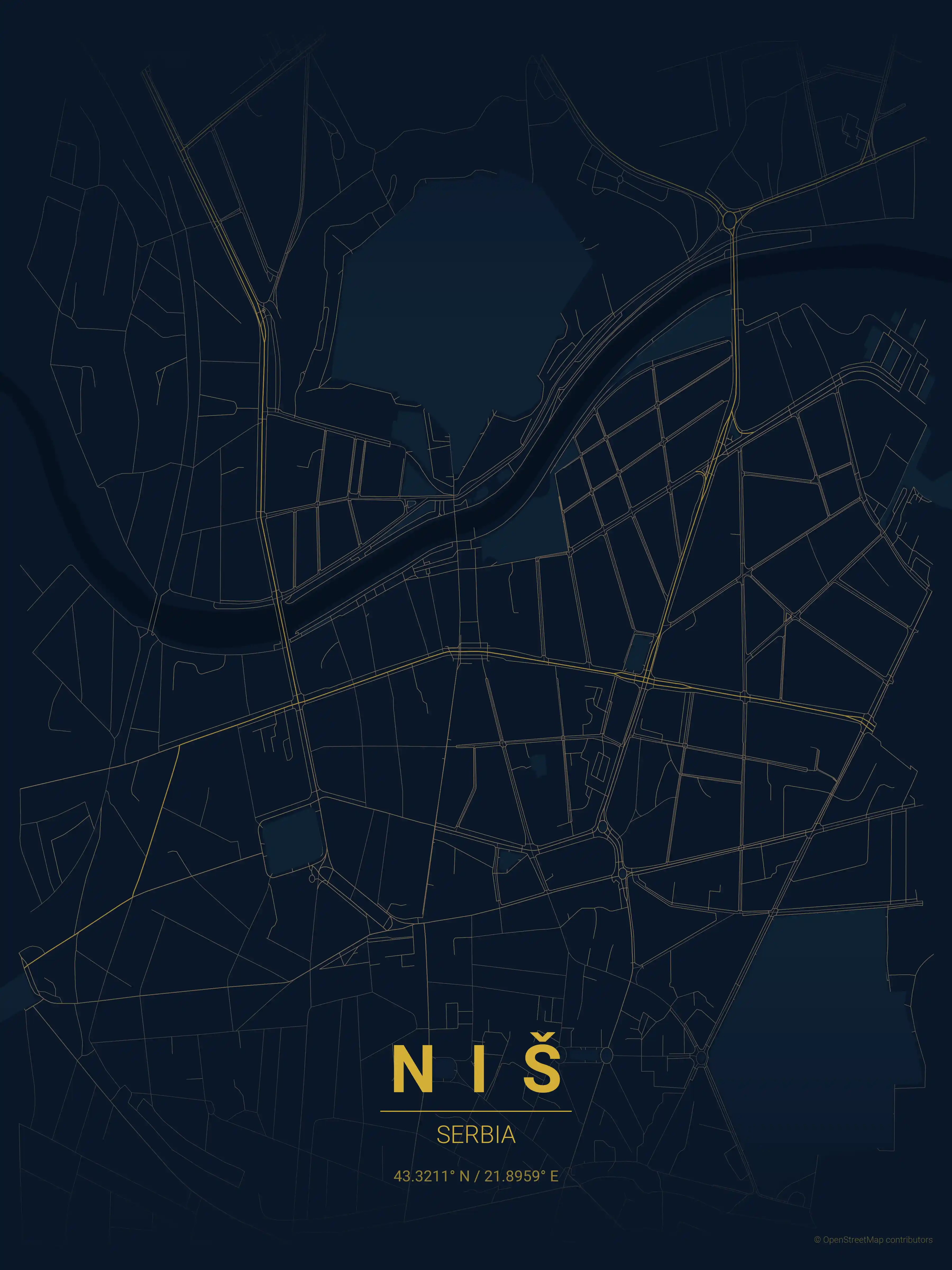 Minimalist midnight_blue street map of Niš, Serbia - Urban grid art