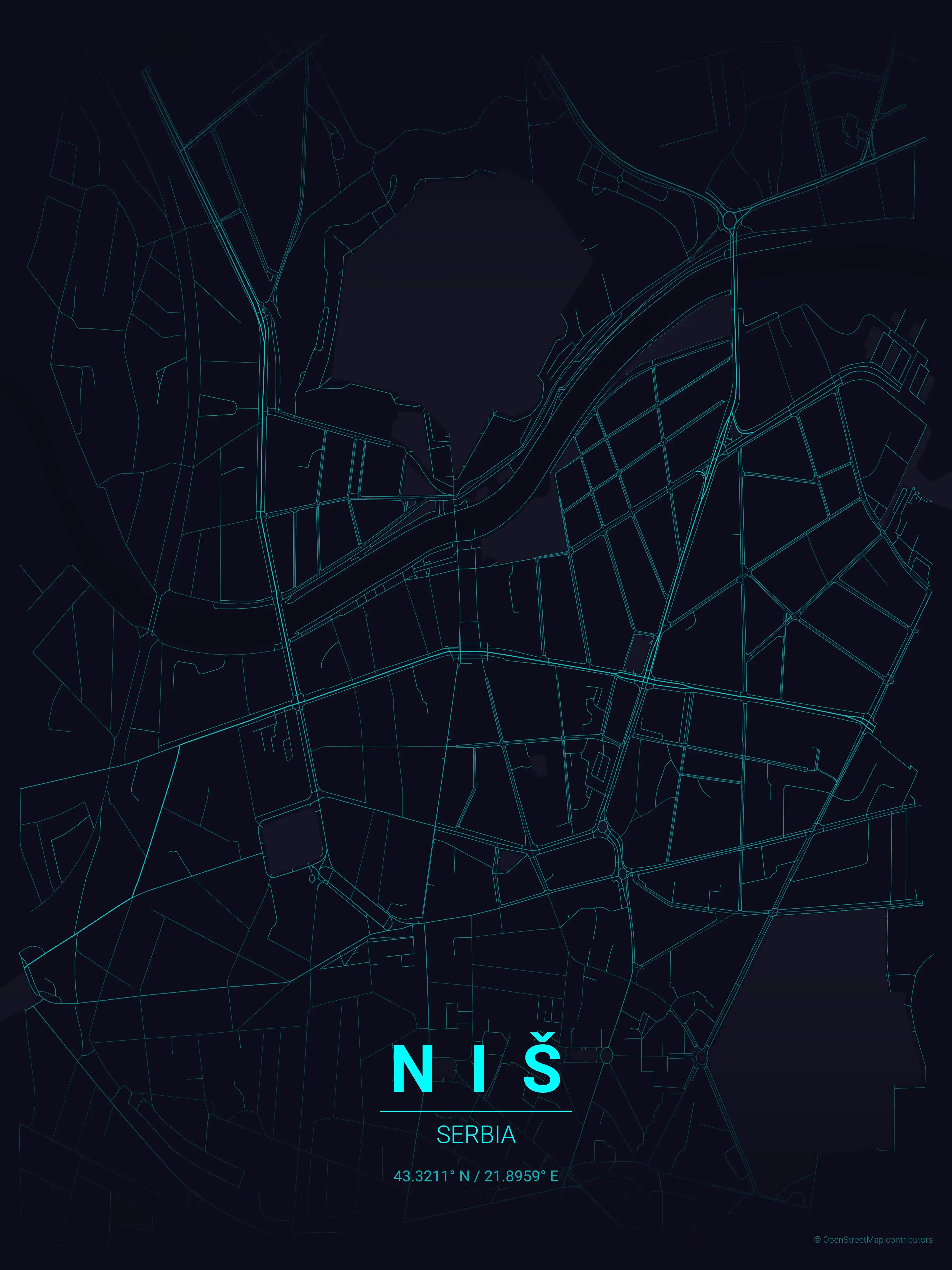 Minimalist neon_cyberpunk street map of Niš, Serbia - Urban grid art