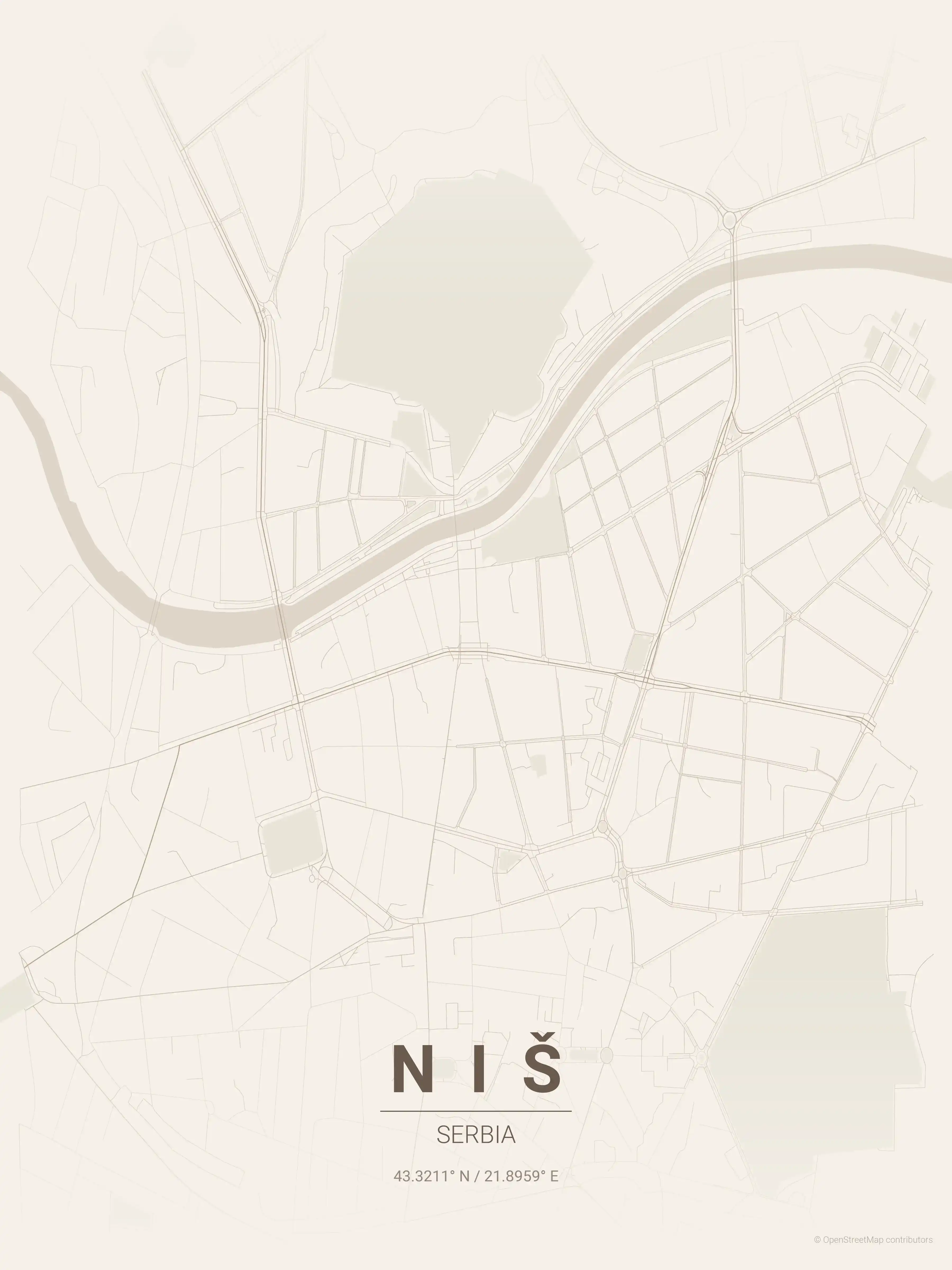 Minimalist warm_beige street map of Niš, Serbia - Urban grid art