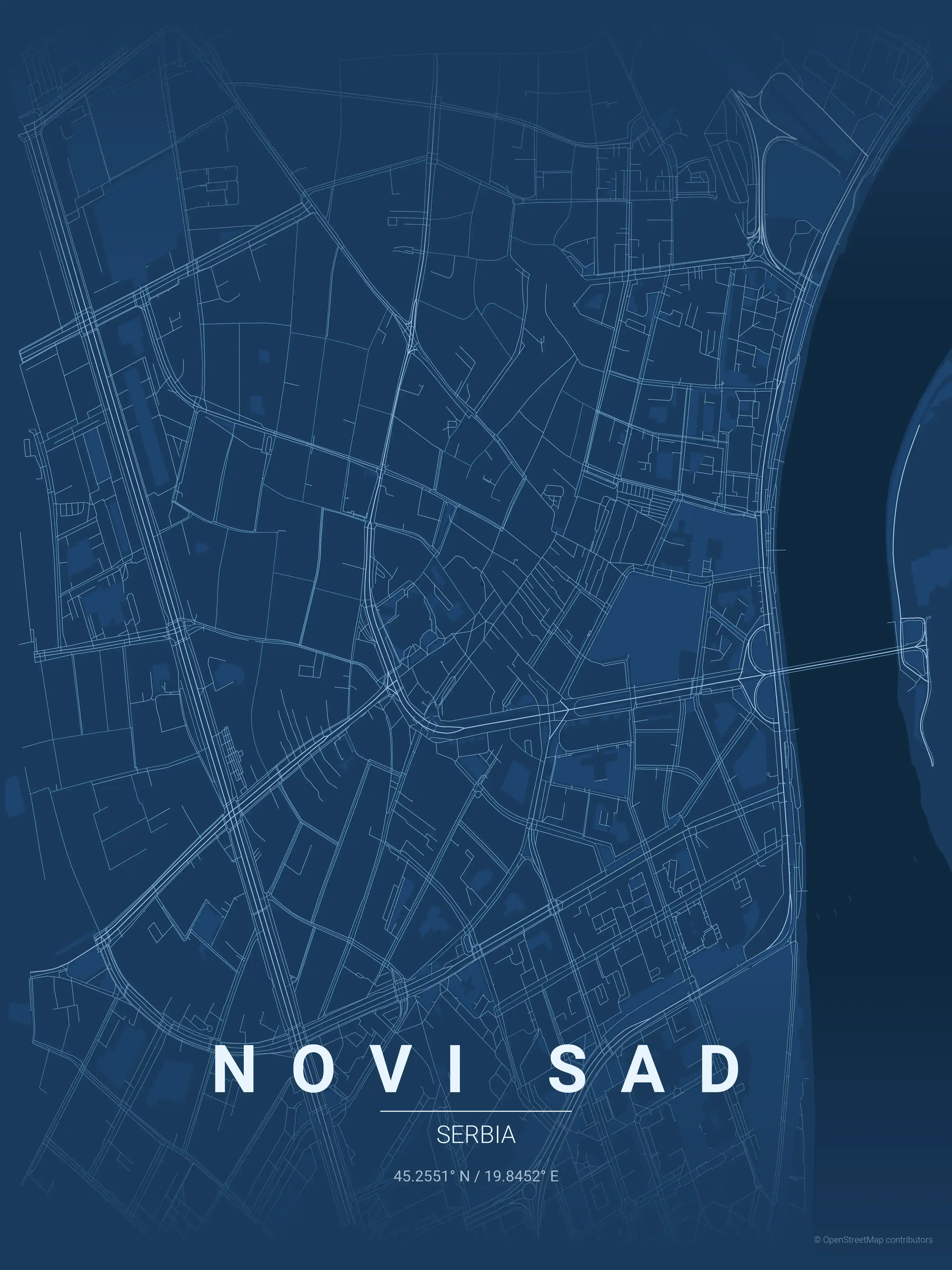 Minimalist blueprint street map of Novi Sad, Serbia - Urban grid art