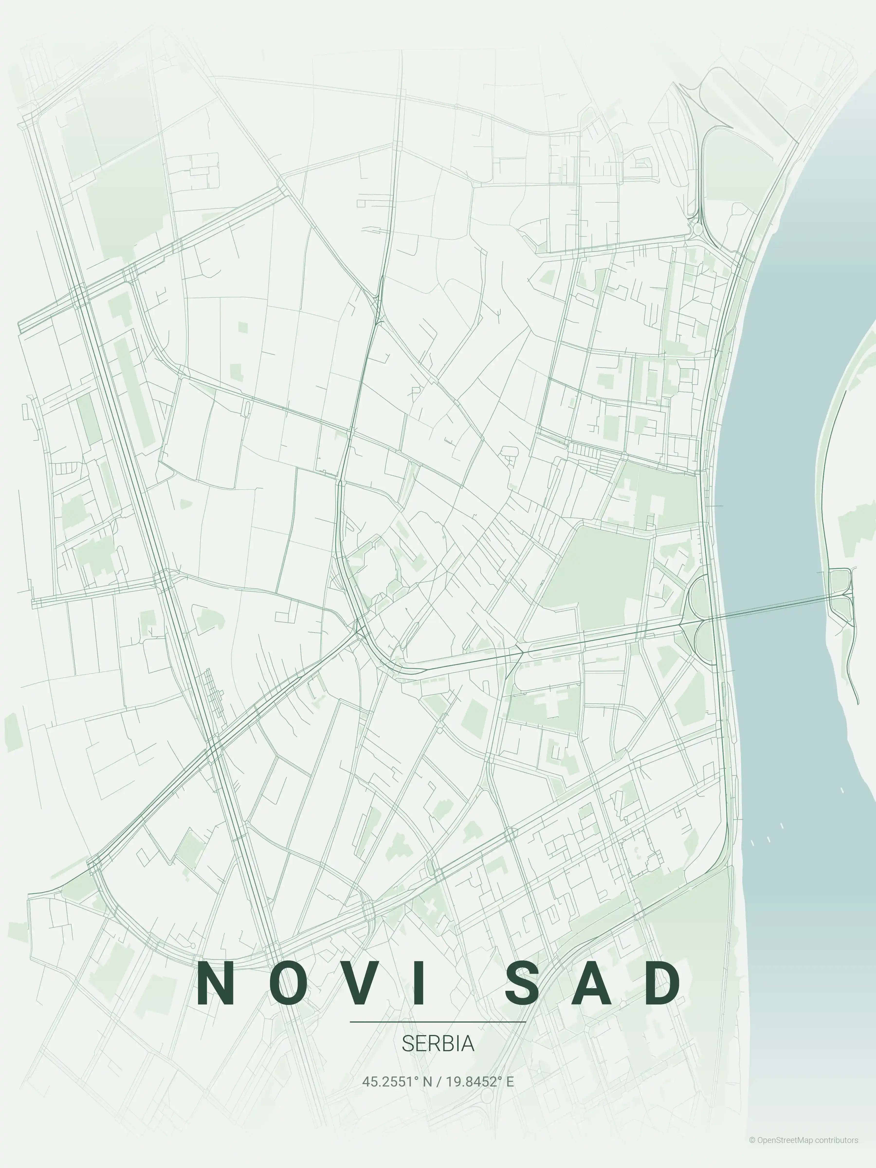 Minimalist forest street map of Novi Sad, Serbia - Urban grid art