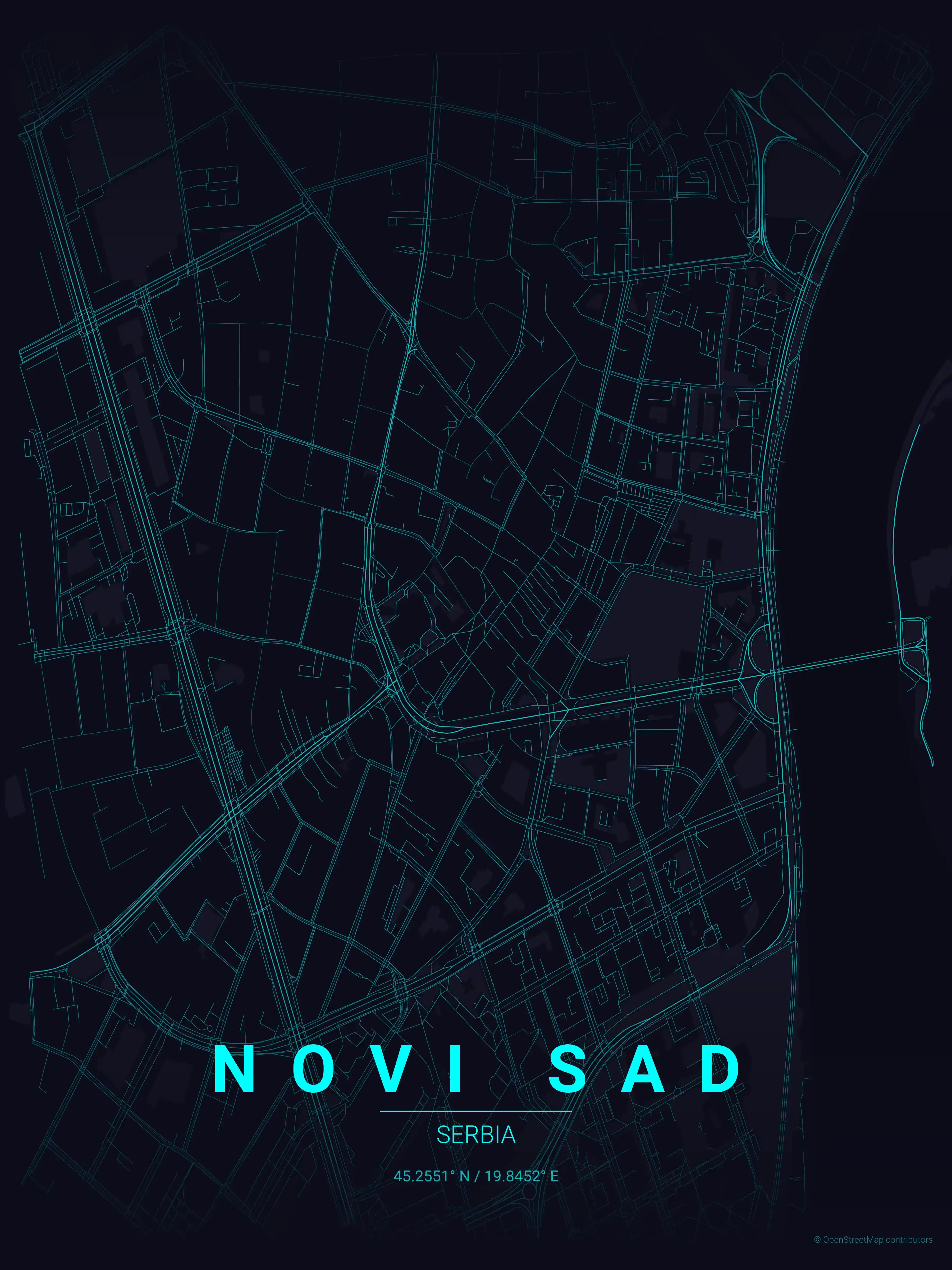 Minimalist neon_cyberpunk street map of Novi Sad, Serbia - Urban grid art