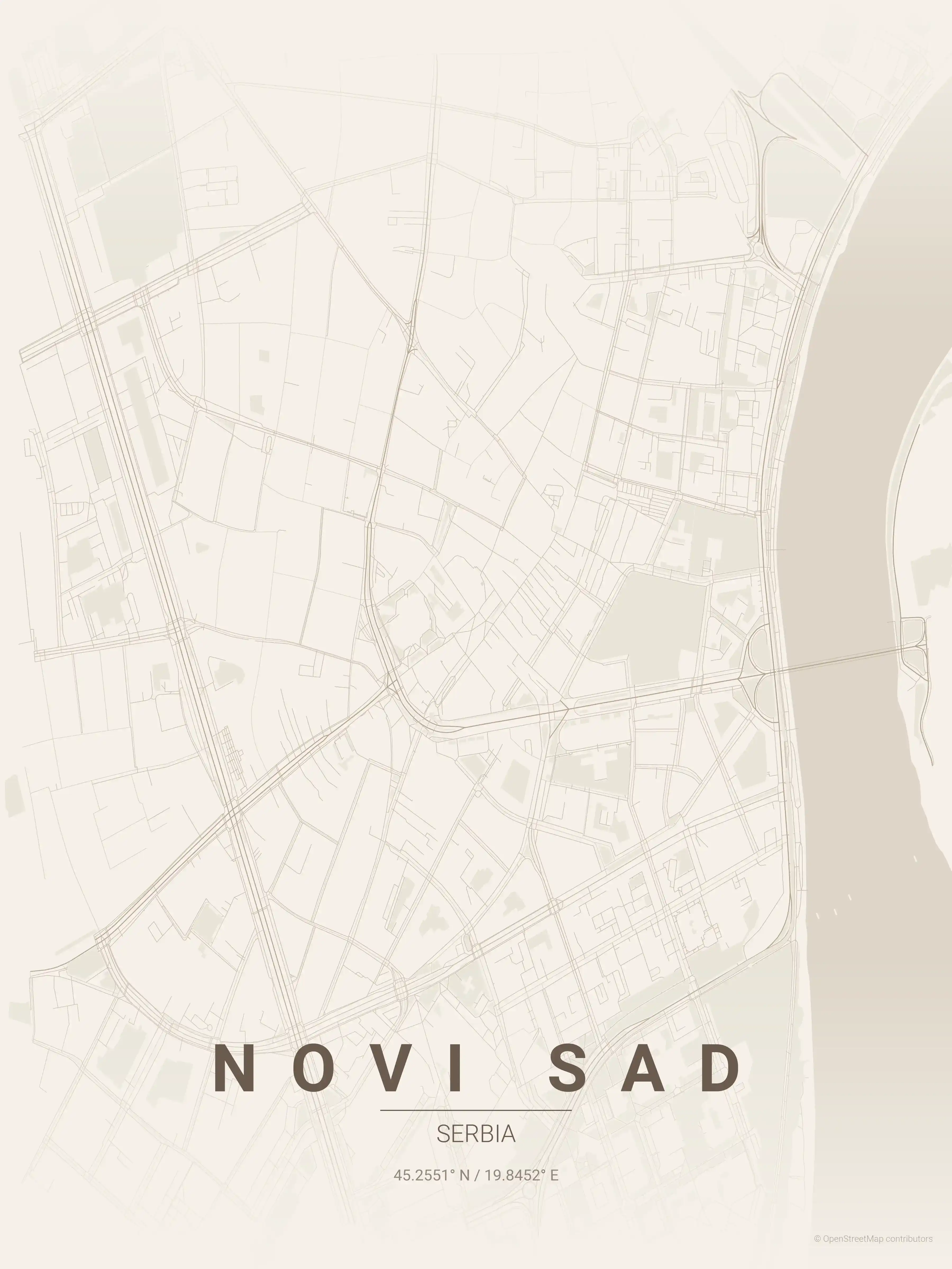 Minimalist warm_beige street map of Novi Sad, Serbia - Urban grid art