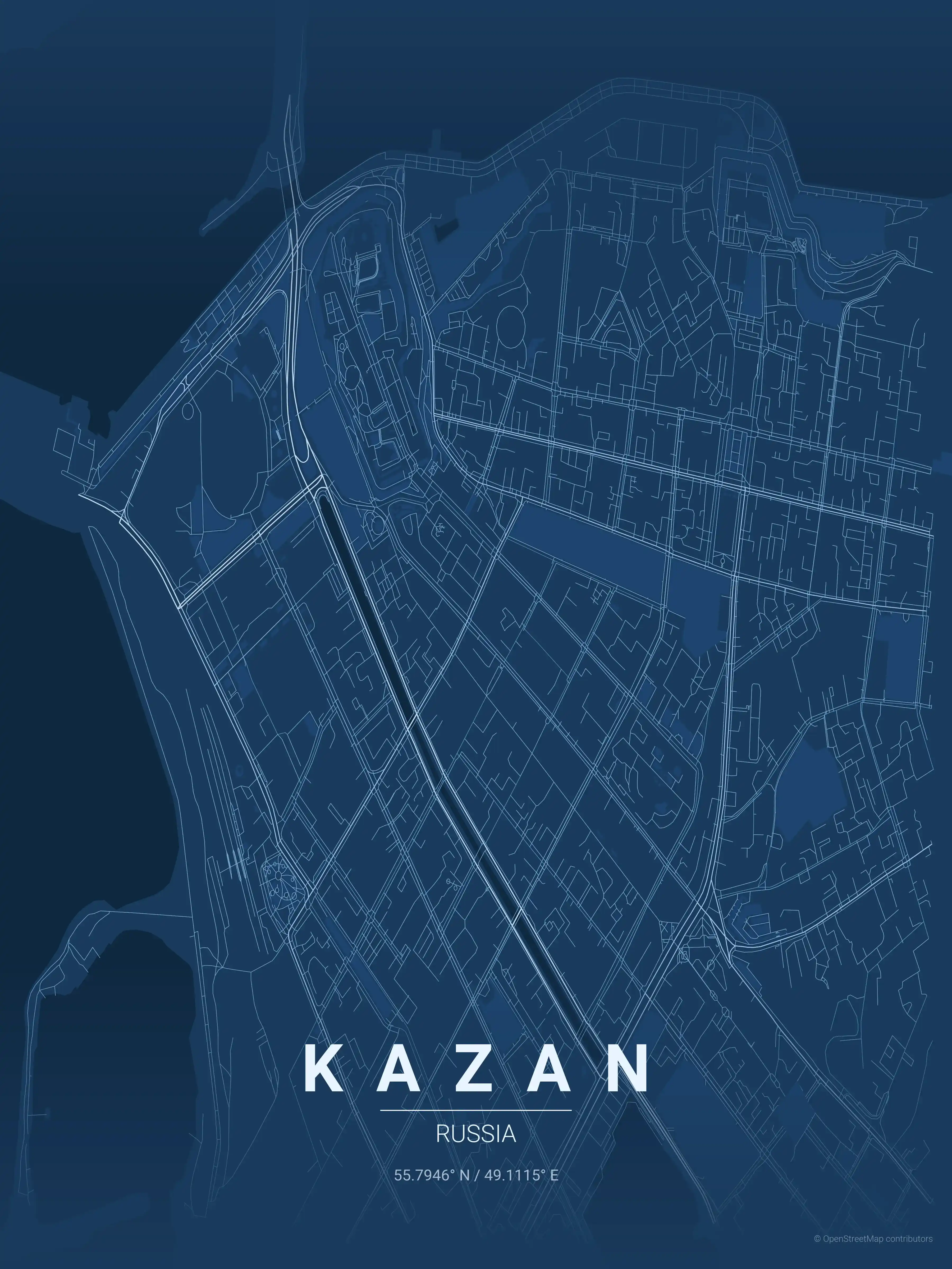 Minimalist blueprint street map of Kazan, Russia - Urban grid art