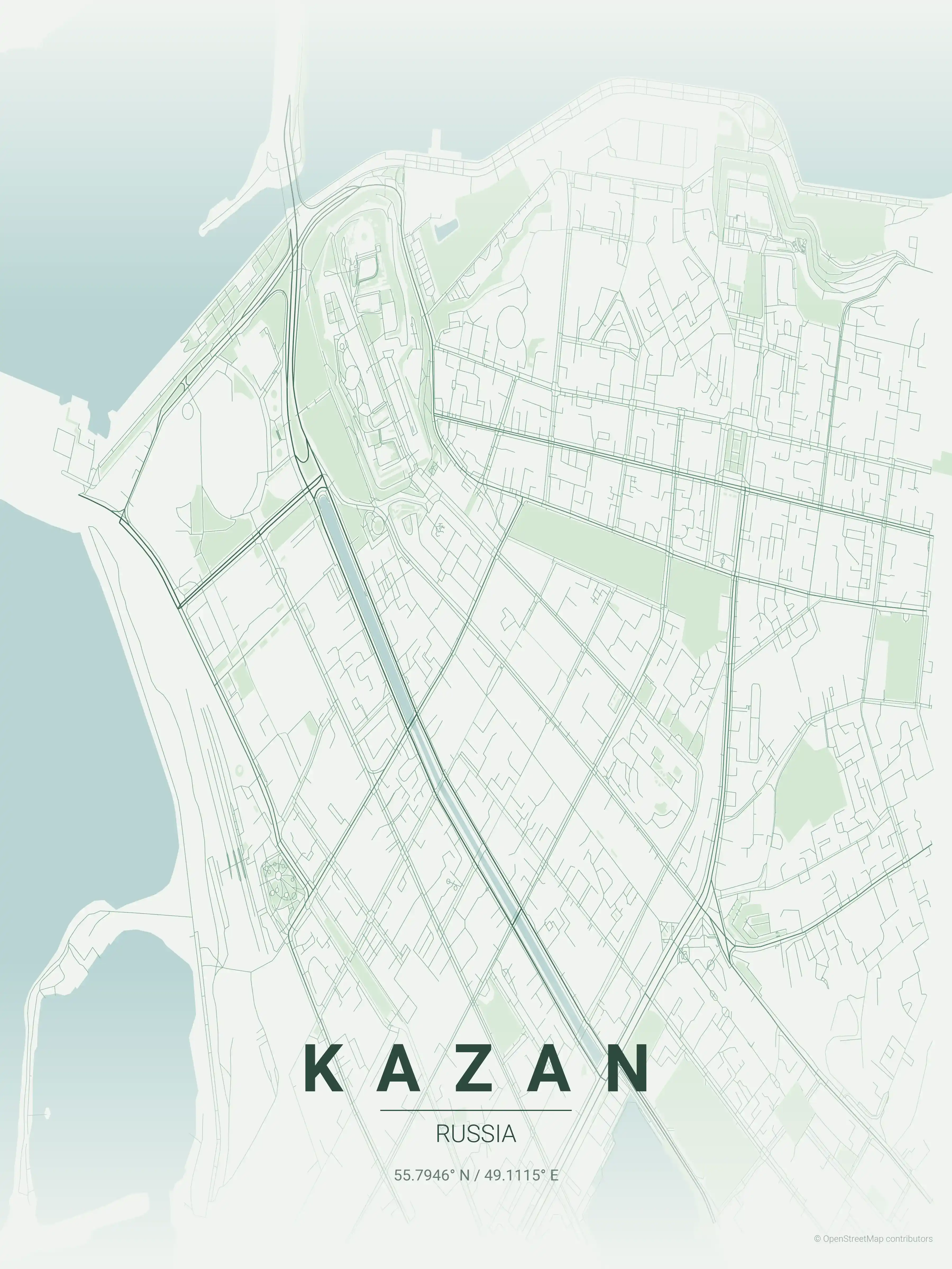 Minimalist forest street map of Kazan, Russia - Urban grid art