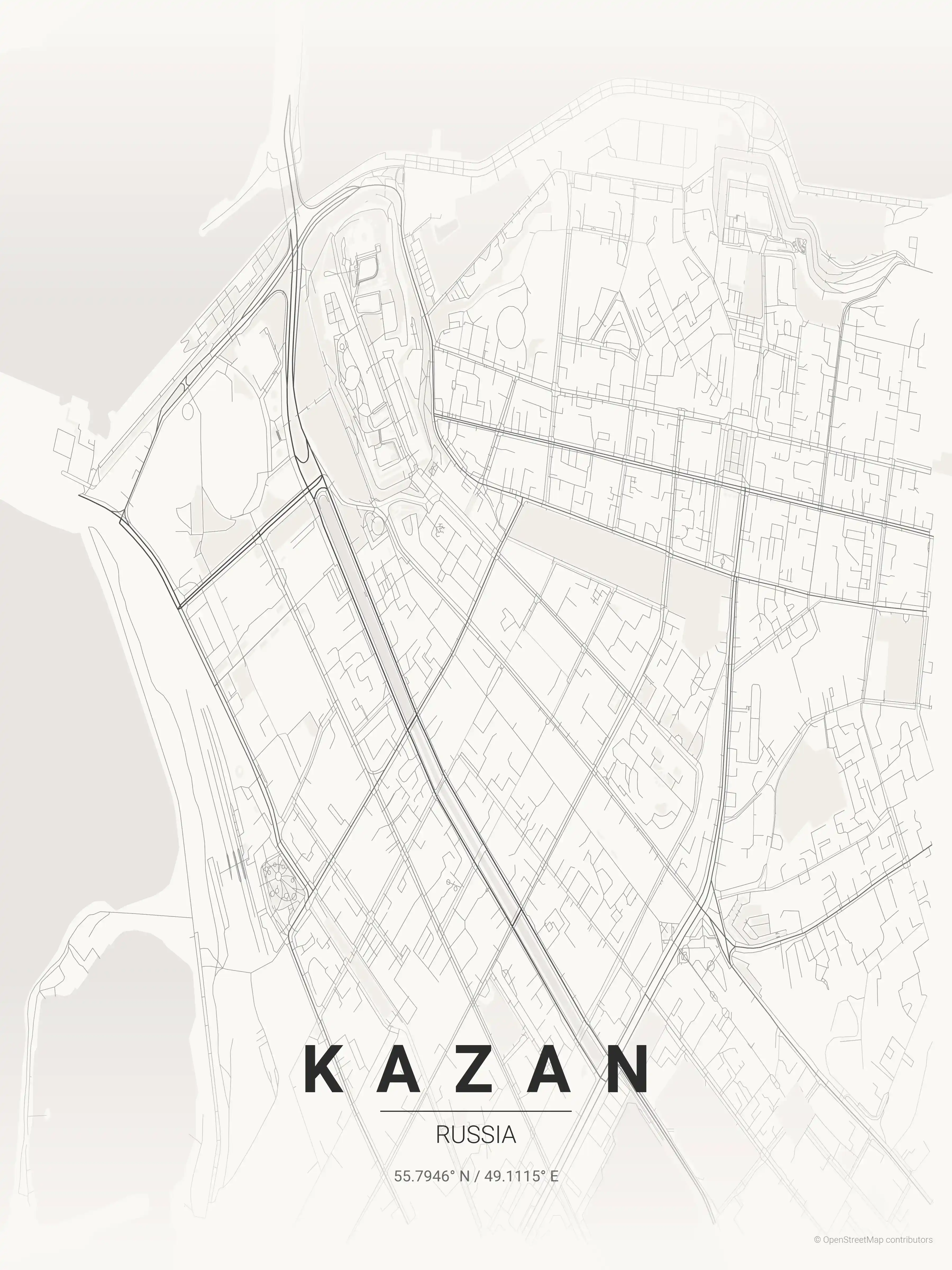Minimalist japanese_ink street map of Kazan, Russia - Urban grid art