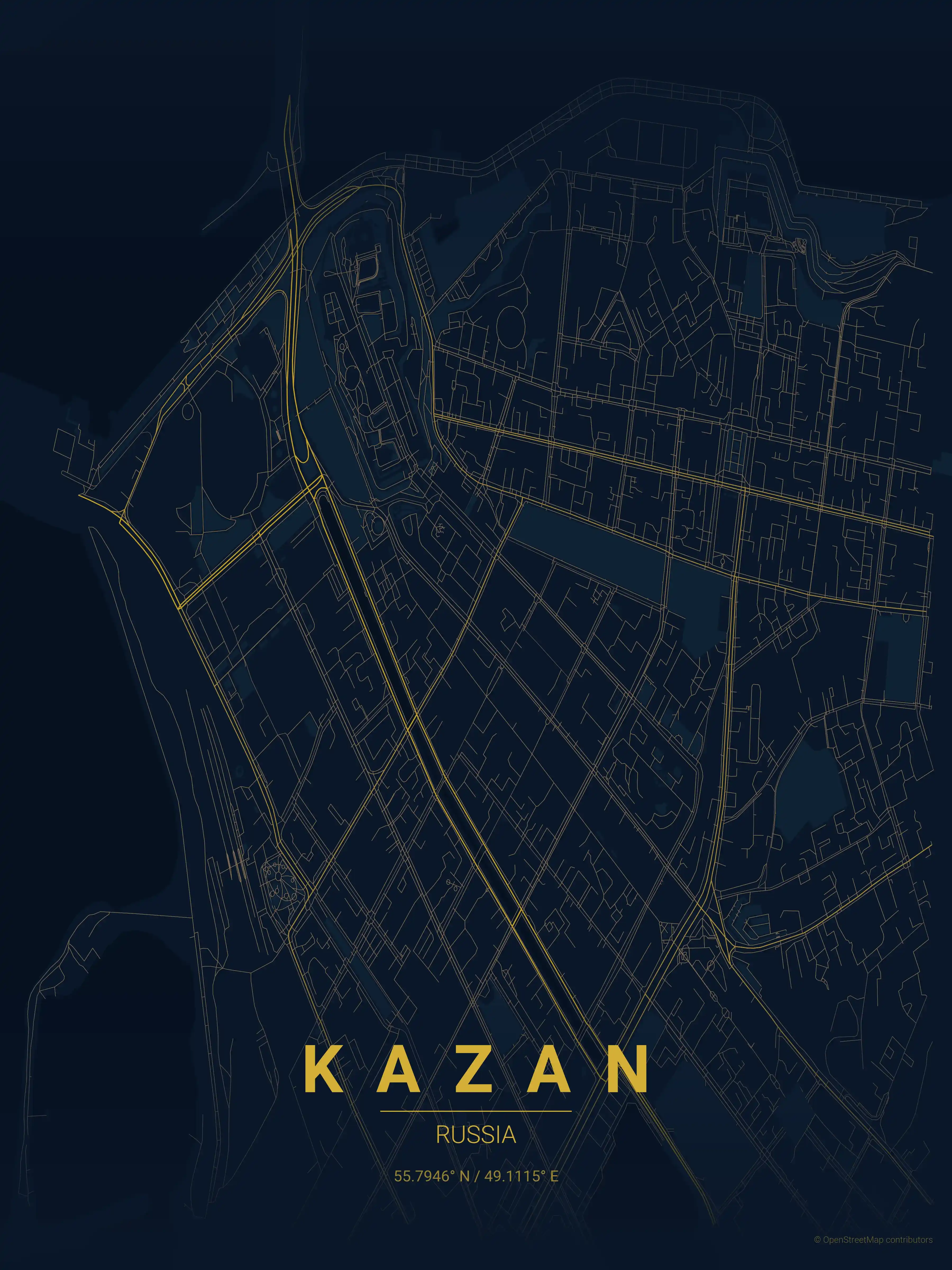 Minimalist midnight_blue street map of Kazan, Russia - Urban grid art
