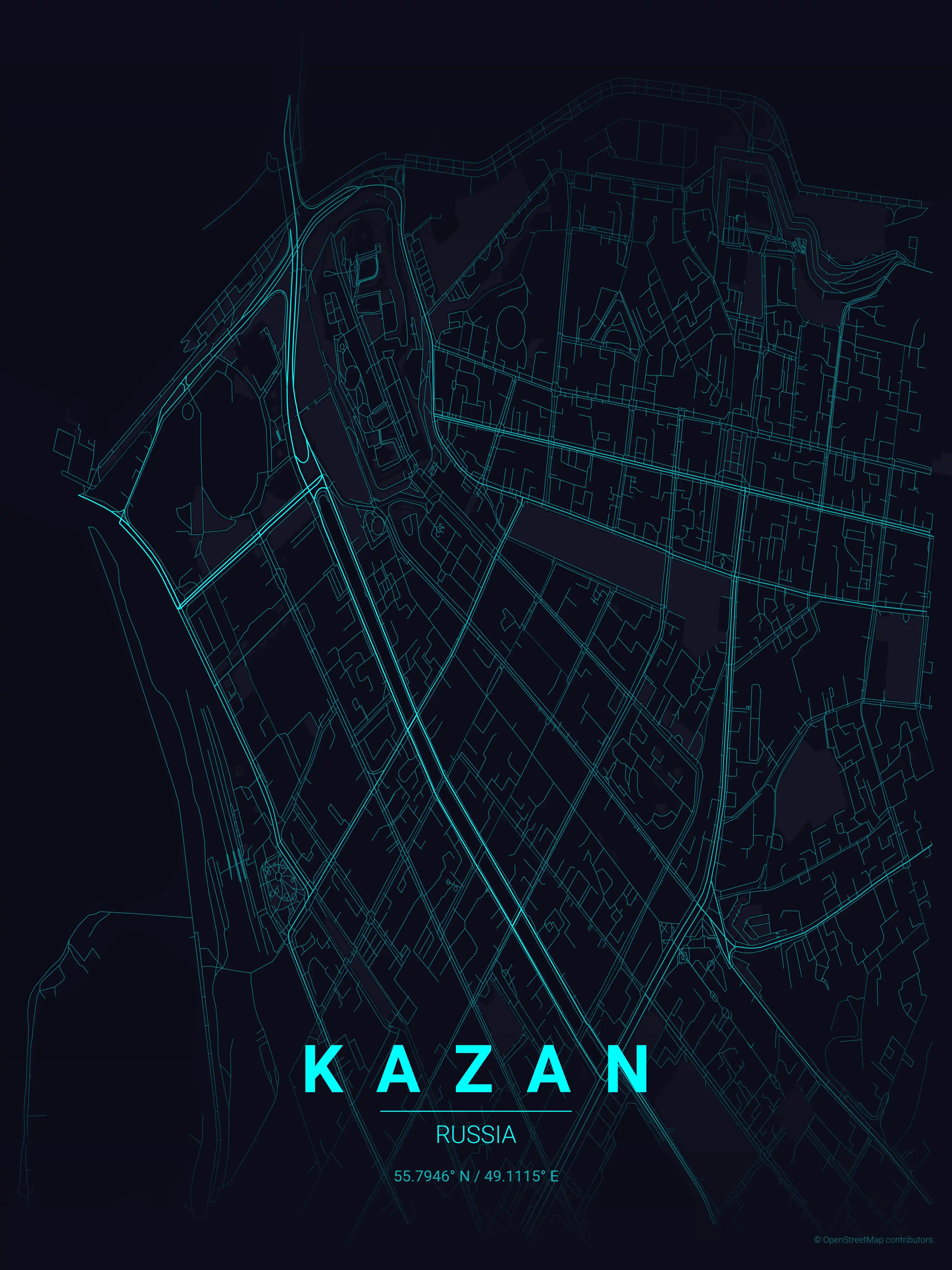 Minimalist neon_cyberpunk street map of Kazan, Russia - Urban grid art