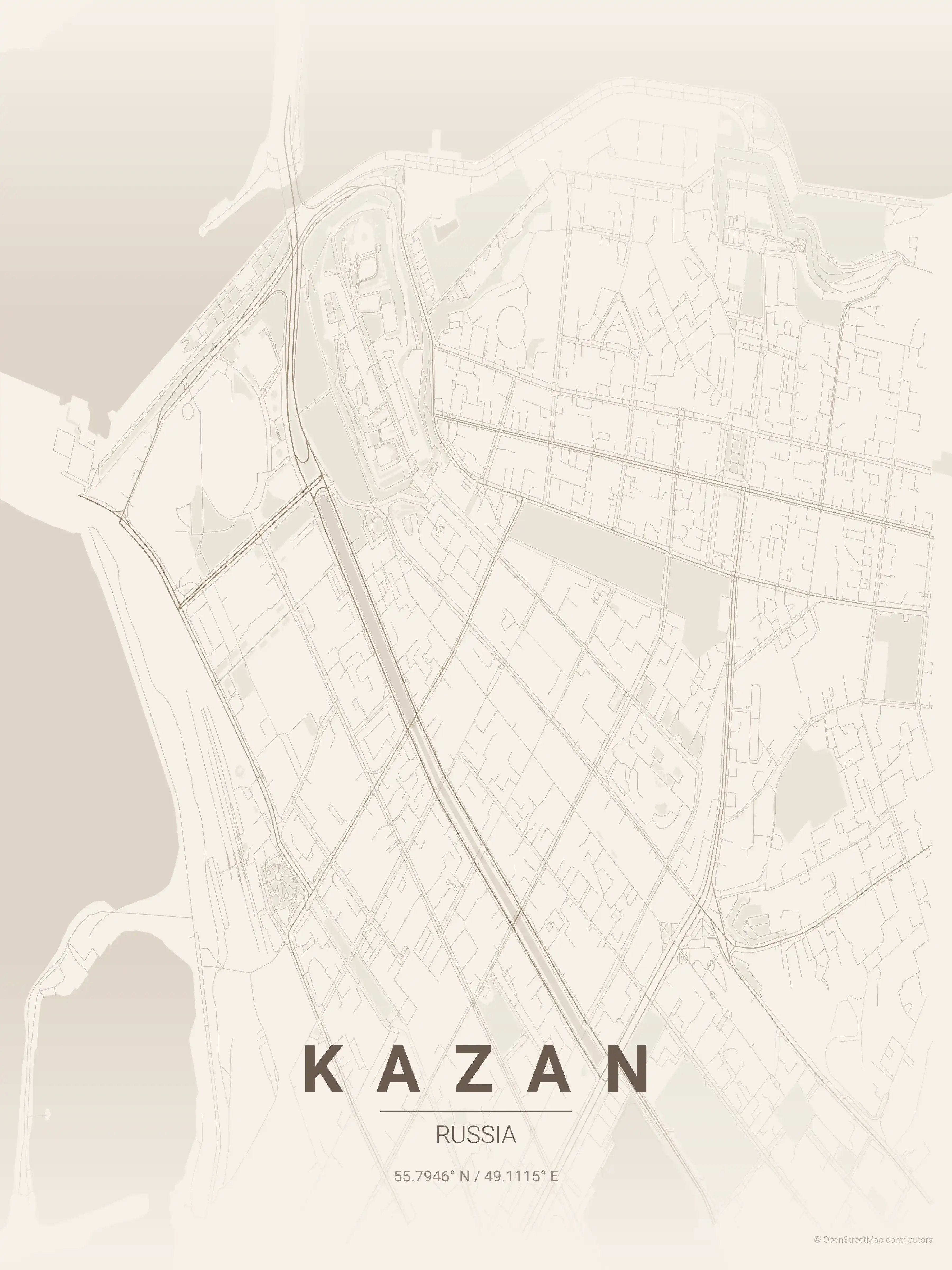 Minimalist warm_beige street map of Kazan, Russia - Urban grid art