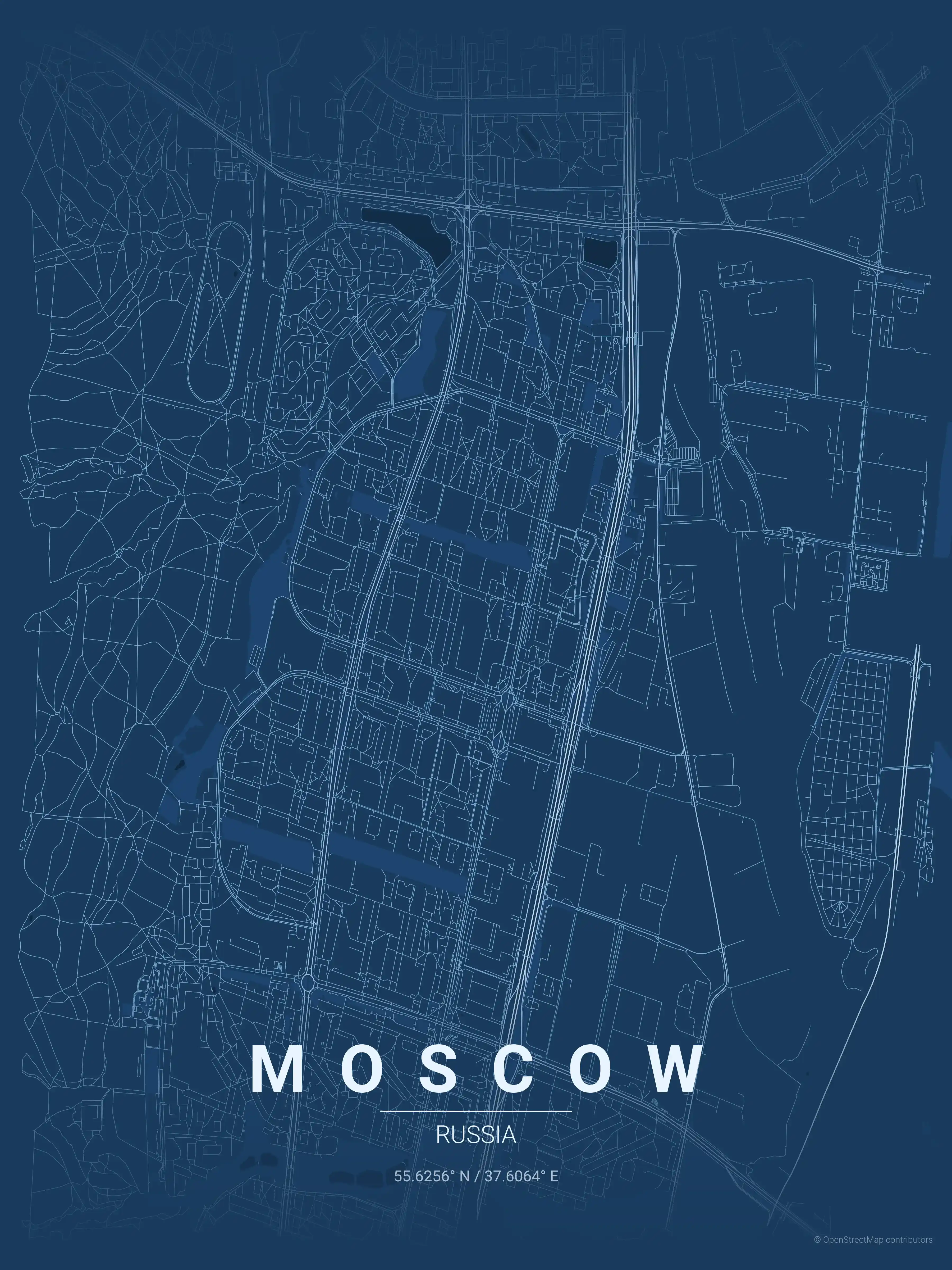 Minimalist blueprint street map of Moscow, Russia - Urban grid art