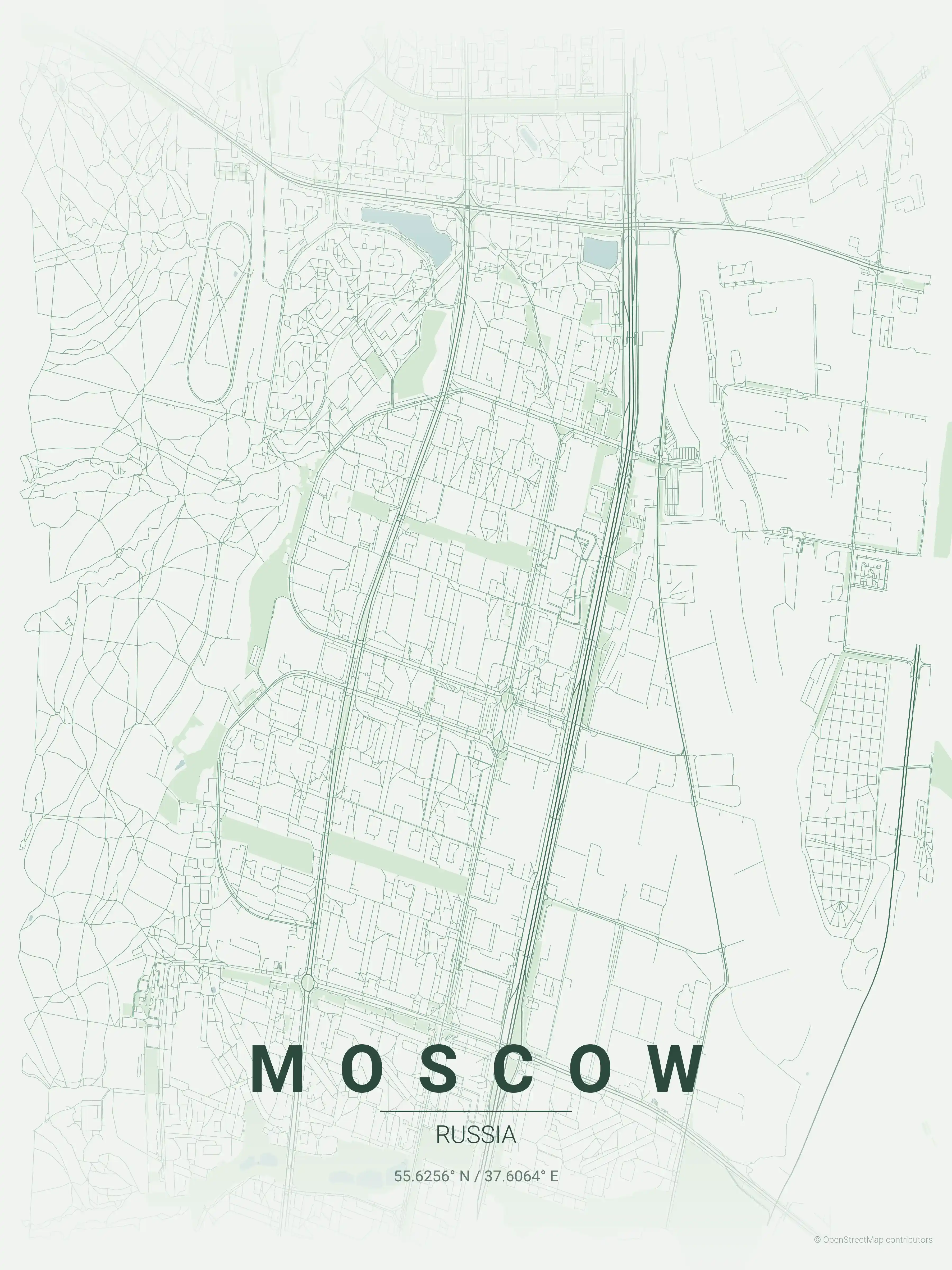 Minimalist forest street map of Moscow, Russia - Urban grid art