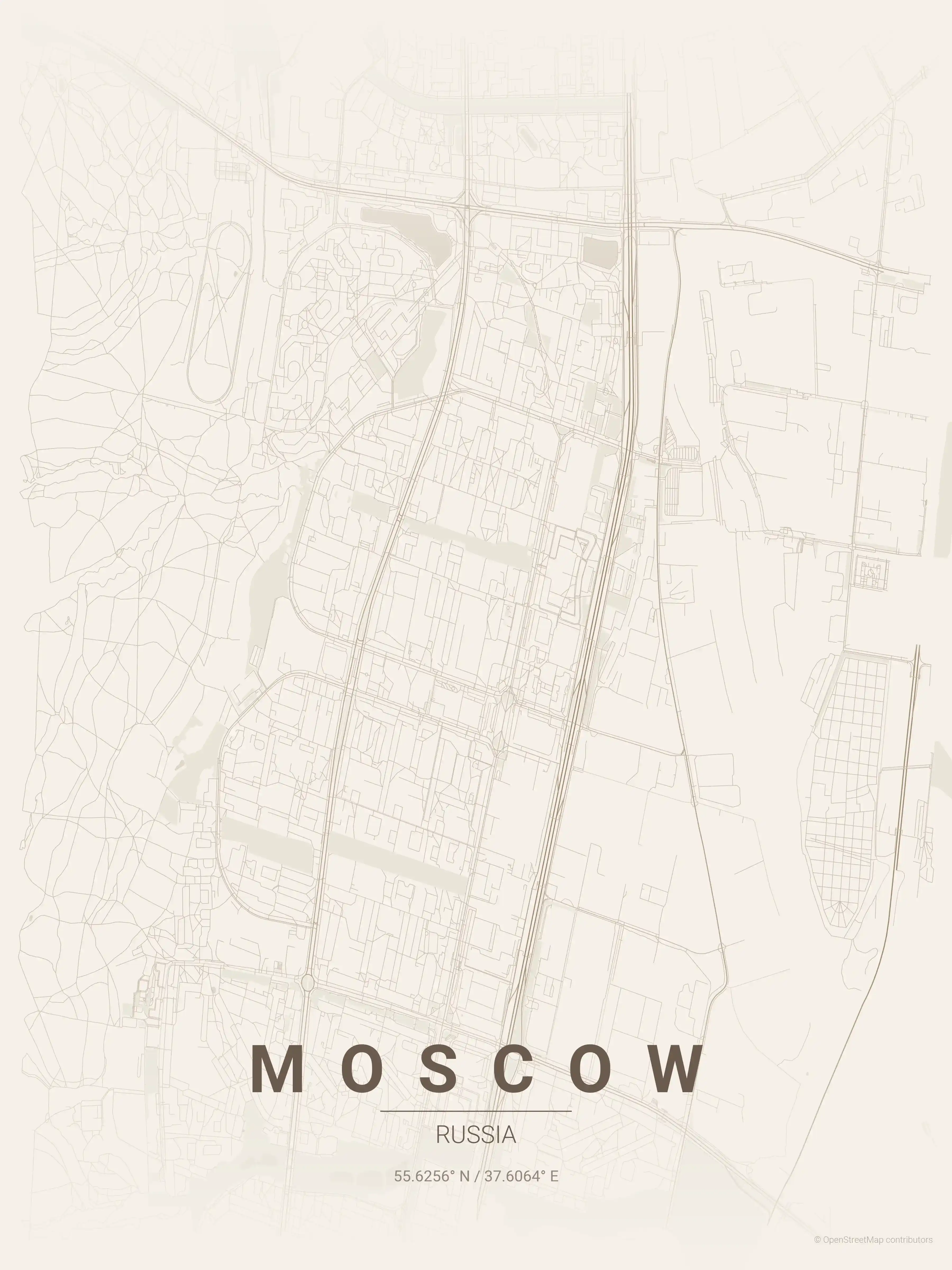 Minimalist warm_beige street map of Moscow, Russia - Urban grid art