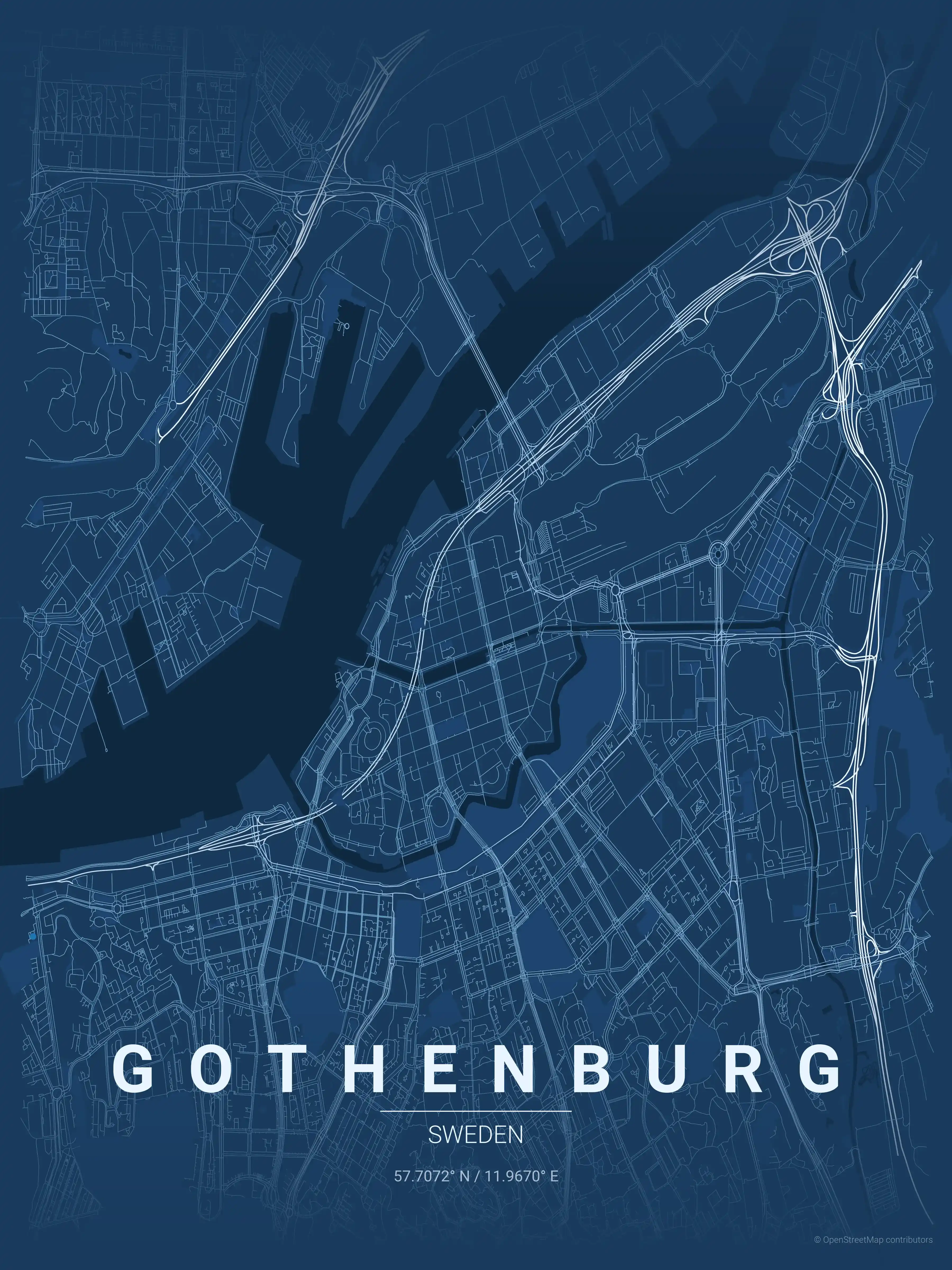 Minimalist blueprint street map of Gothenburg, Sweden - Urban grid art
