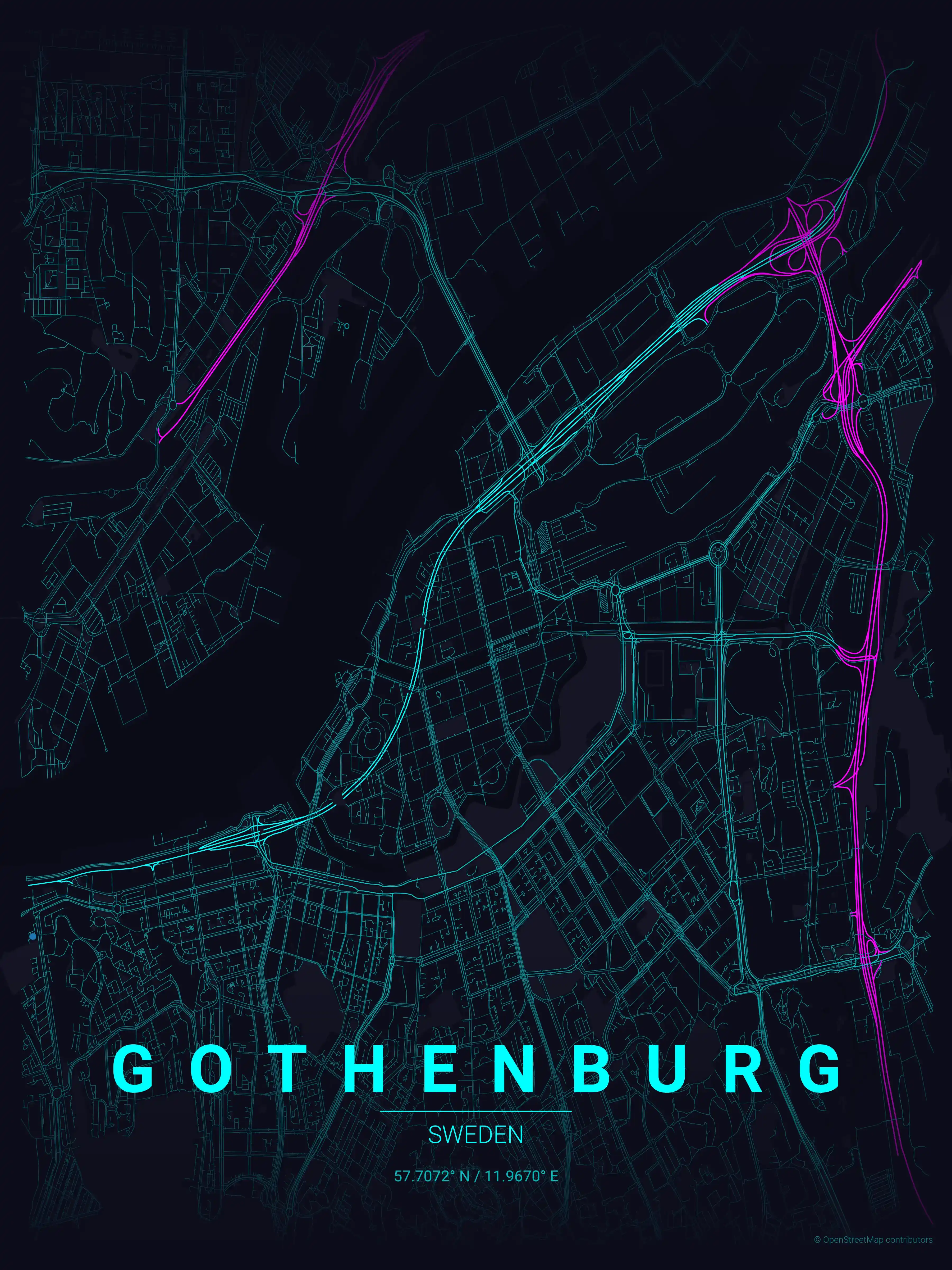 Minimalist neon_cyberpunk street map of Gothenburg, Sweden - Urban grid art