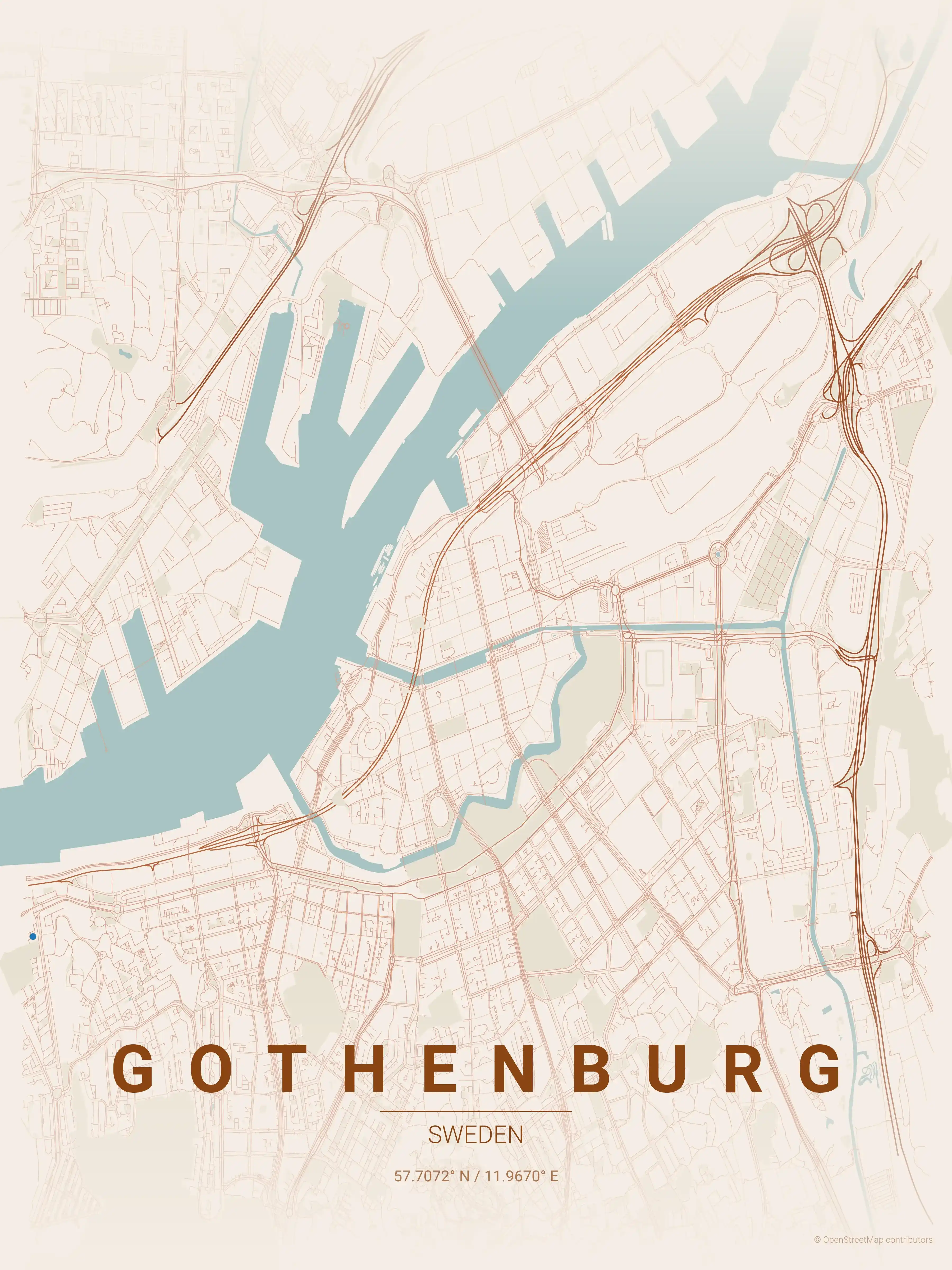 Minimalist terracotta street map of Gothenburg, Sweden - Urban grid art