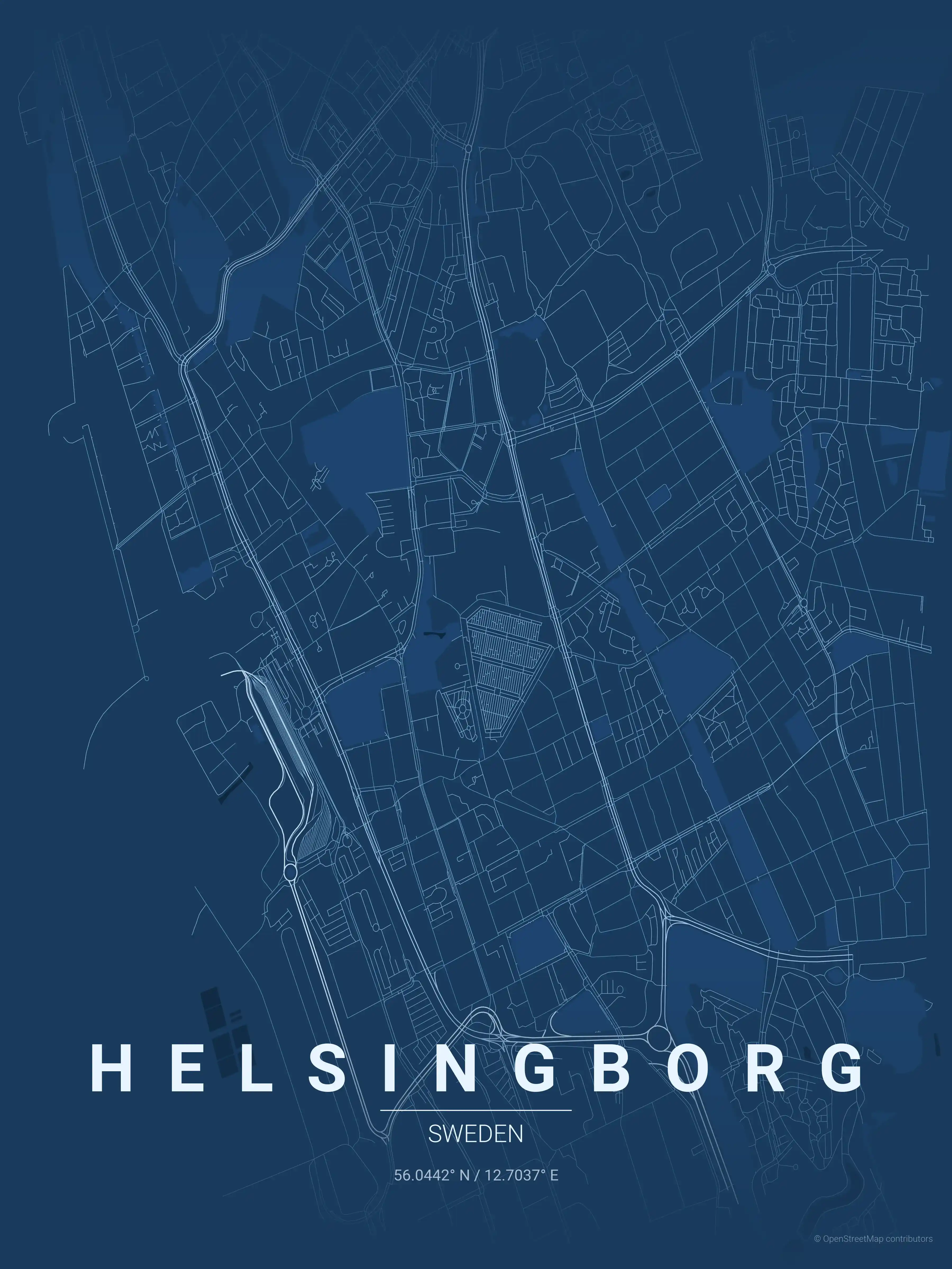 Minimalist blueprint street map of Helsingborg, Sweden - Urban grid art
