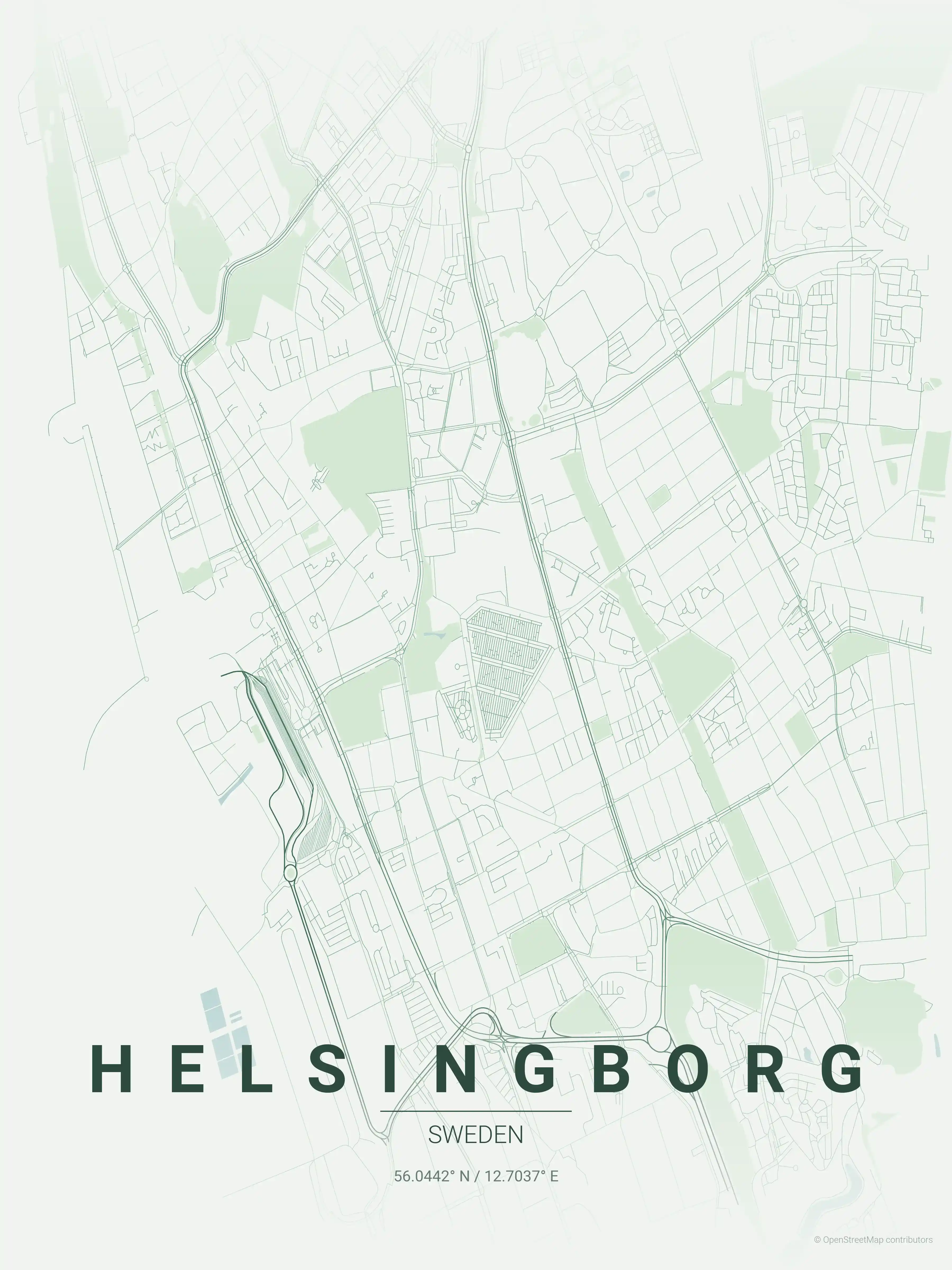 Minimalist forest street map of Helsingborg, Sweden - Urban grid art