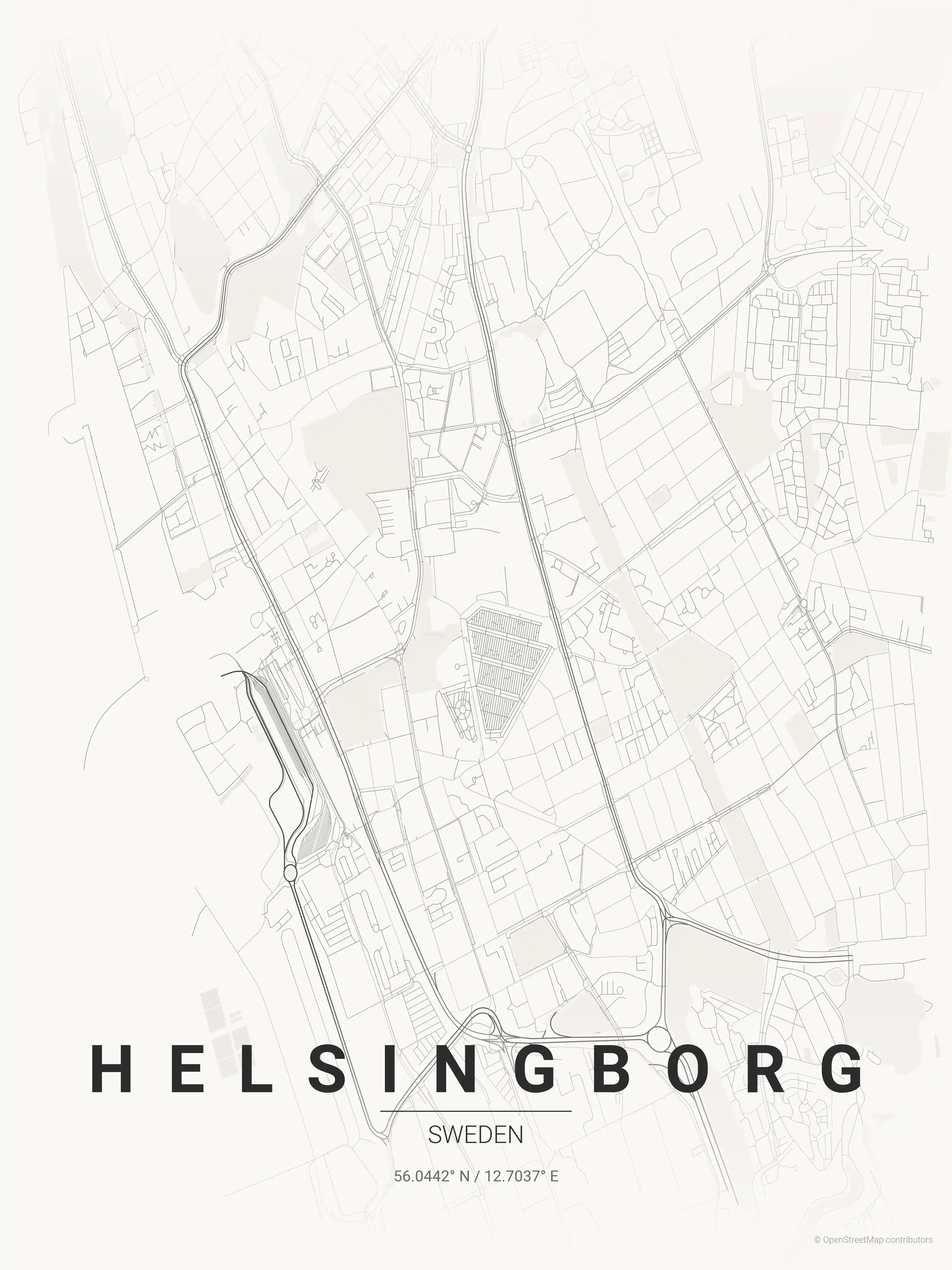 Minimalist japanese_ink street map of Helsingborg, Sweden - Urban grid art