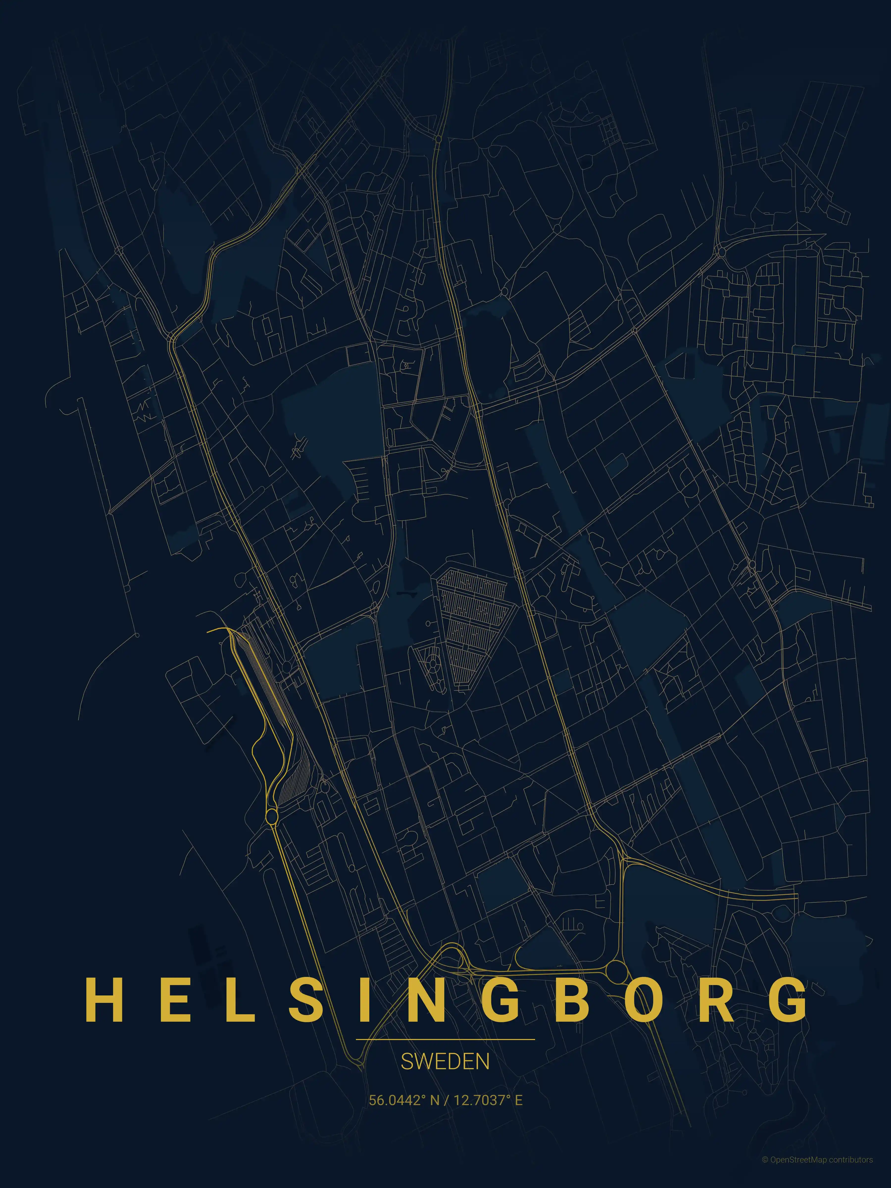 Minimalist midnight_blue street map of Helsingborg, Sweden - Urban grid art