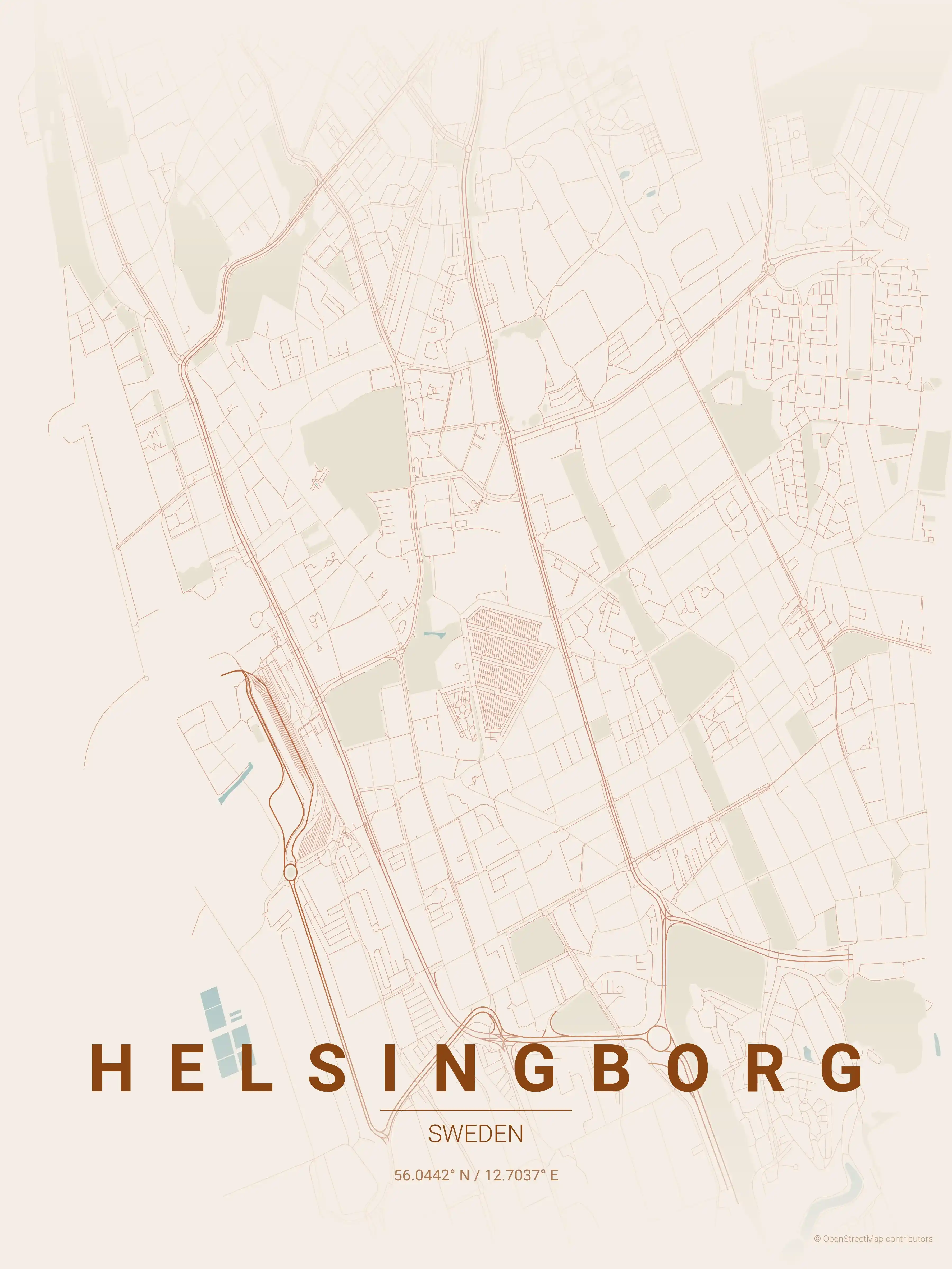 Minimalist terracotta street map of Helsingborg, Sweden - Urban grid art