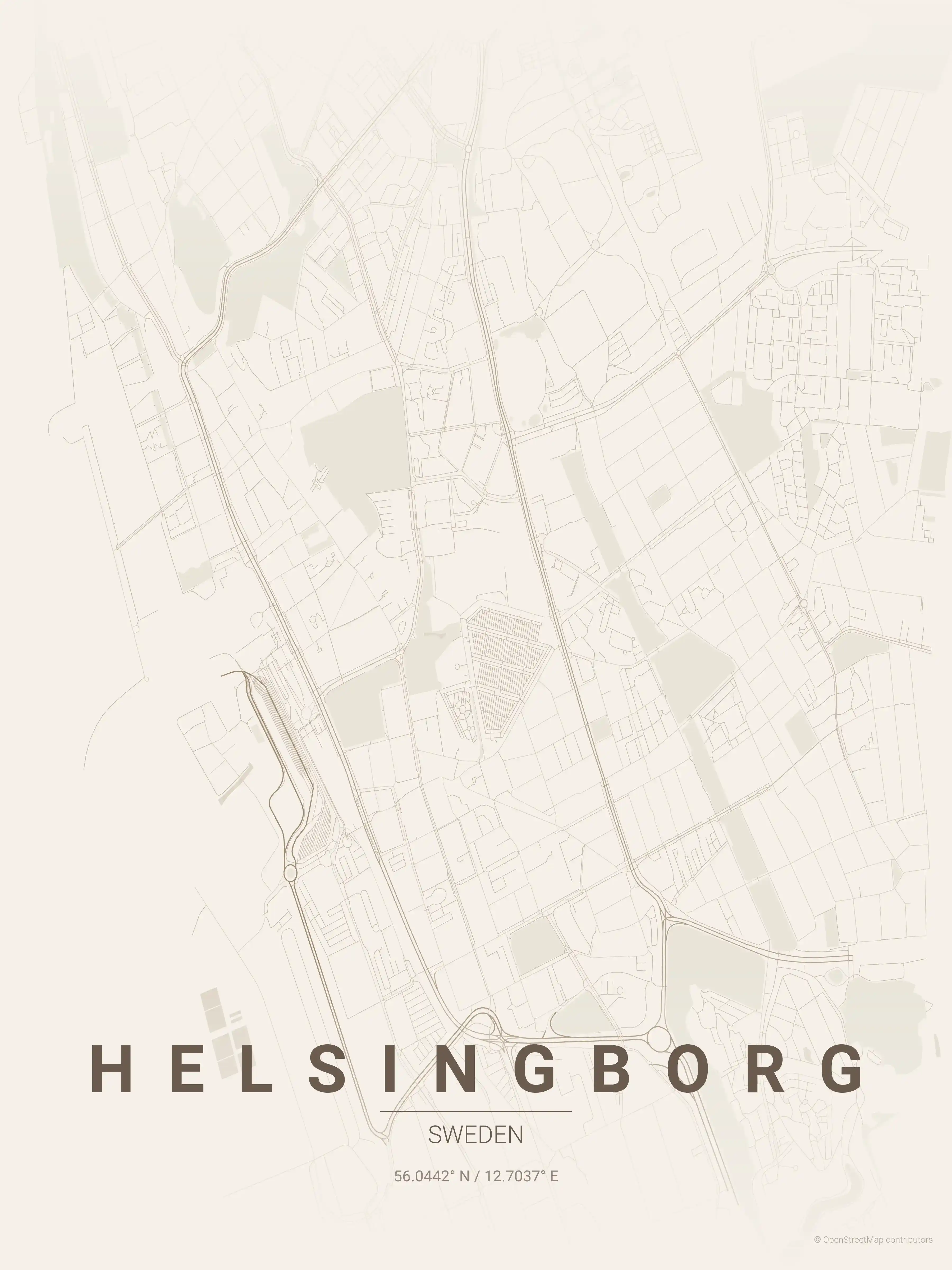 Minimalist warm_beige street map of Helsingborg, Sweden - Urban grid art