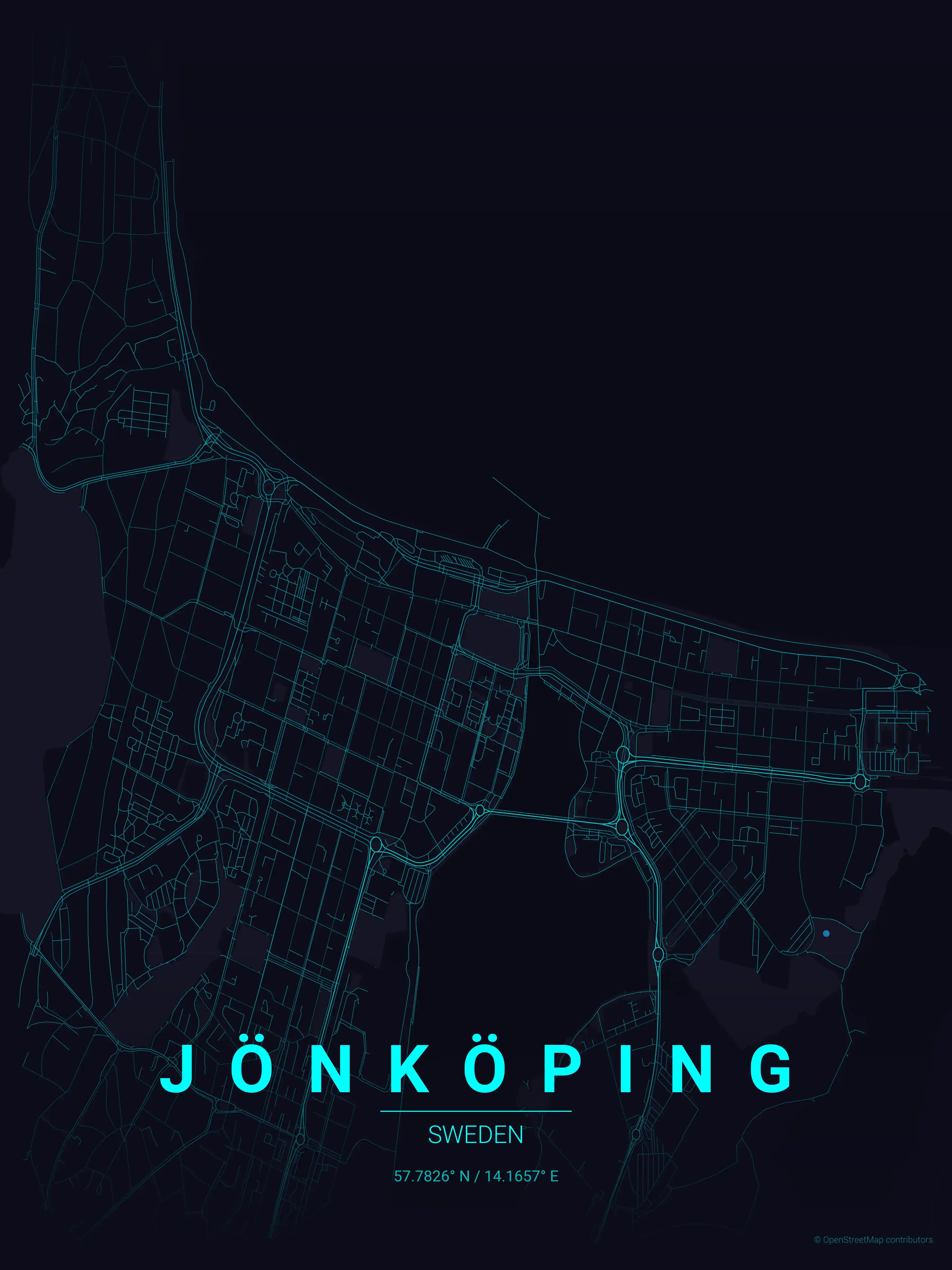 Minimalist neon_cyberpunk street map of Jönköping, Sweden - Urban grid art