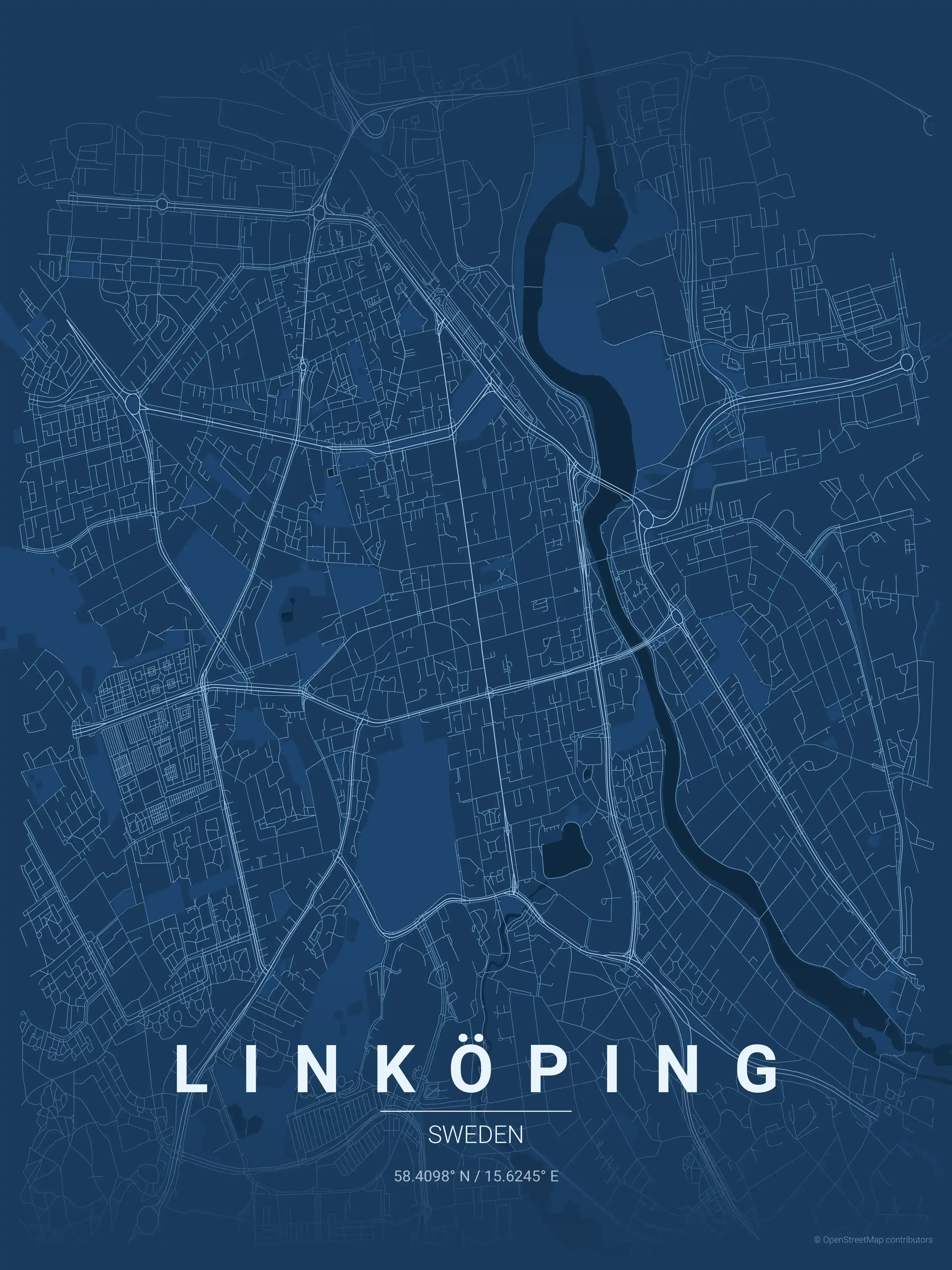 Minimalist blueprint street map of Linköping, Sweden - Urban grid art
