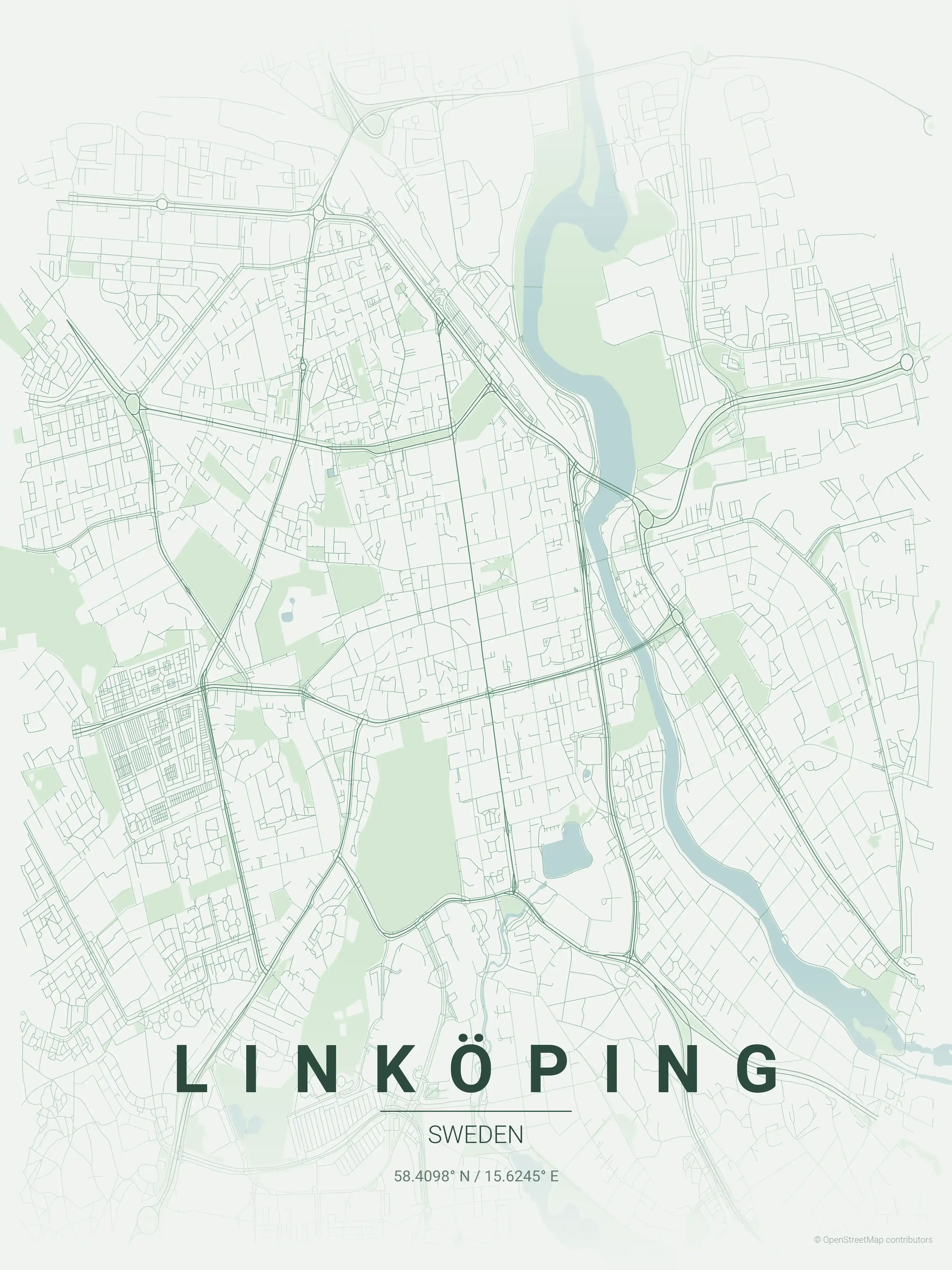 Minimalist forest street map of Linköping, Sweden - Urban grid art