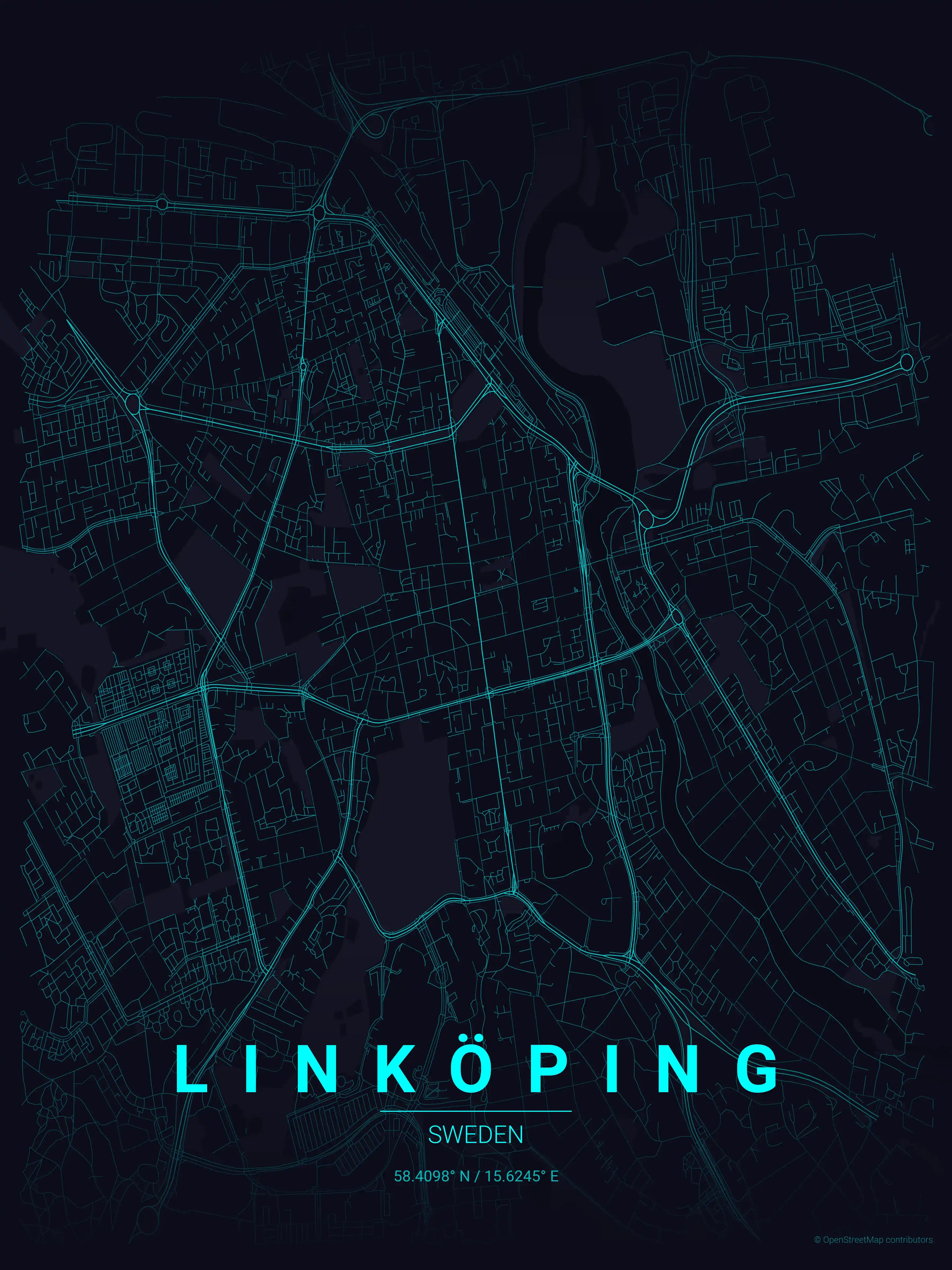 Minimalist neon_cyberpunk street map of Linköping, Sweden - Urban grid art