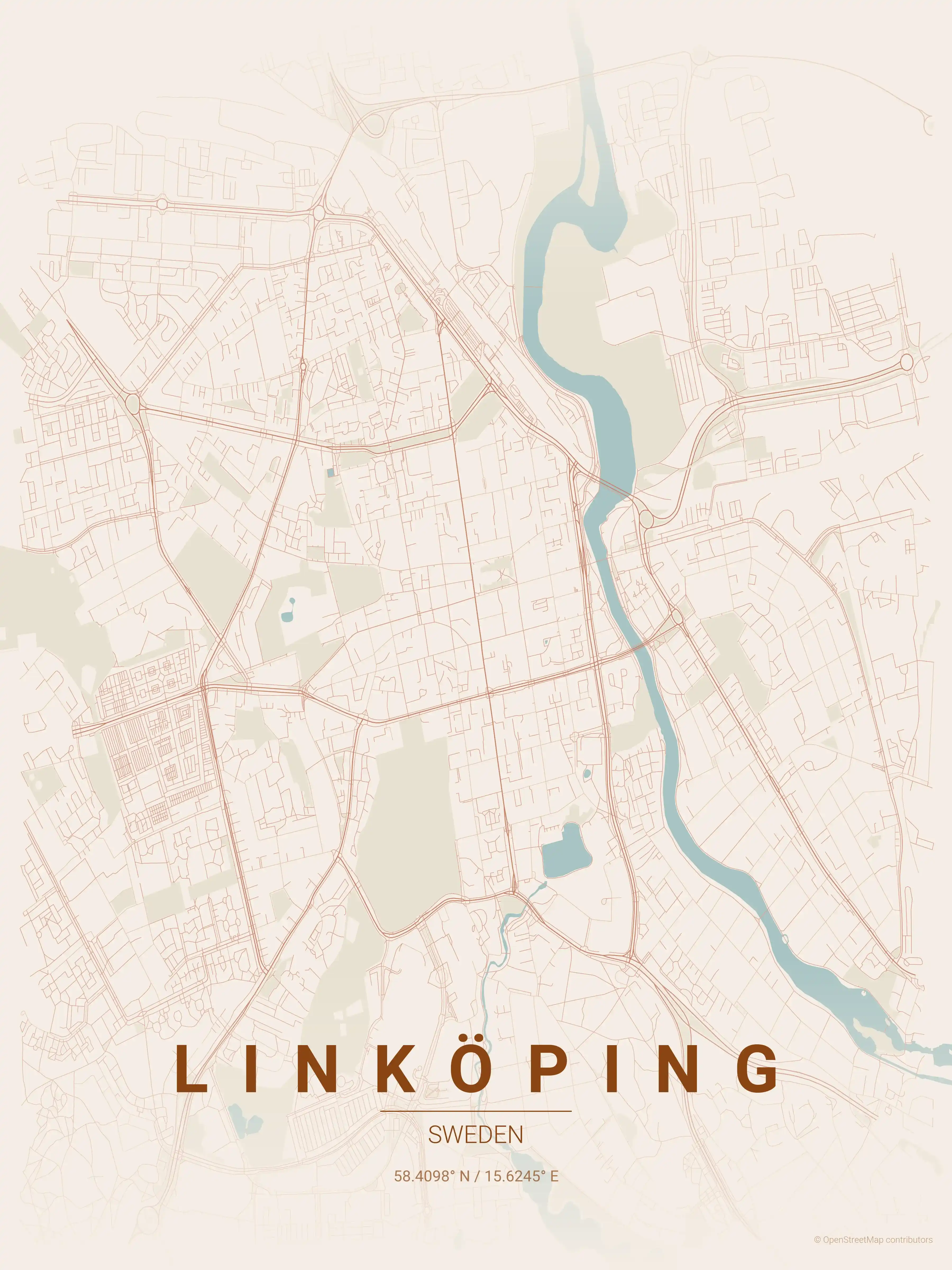 Minimalist terracotta street map of Linköping, Sweden - Urban grid art