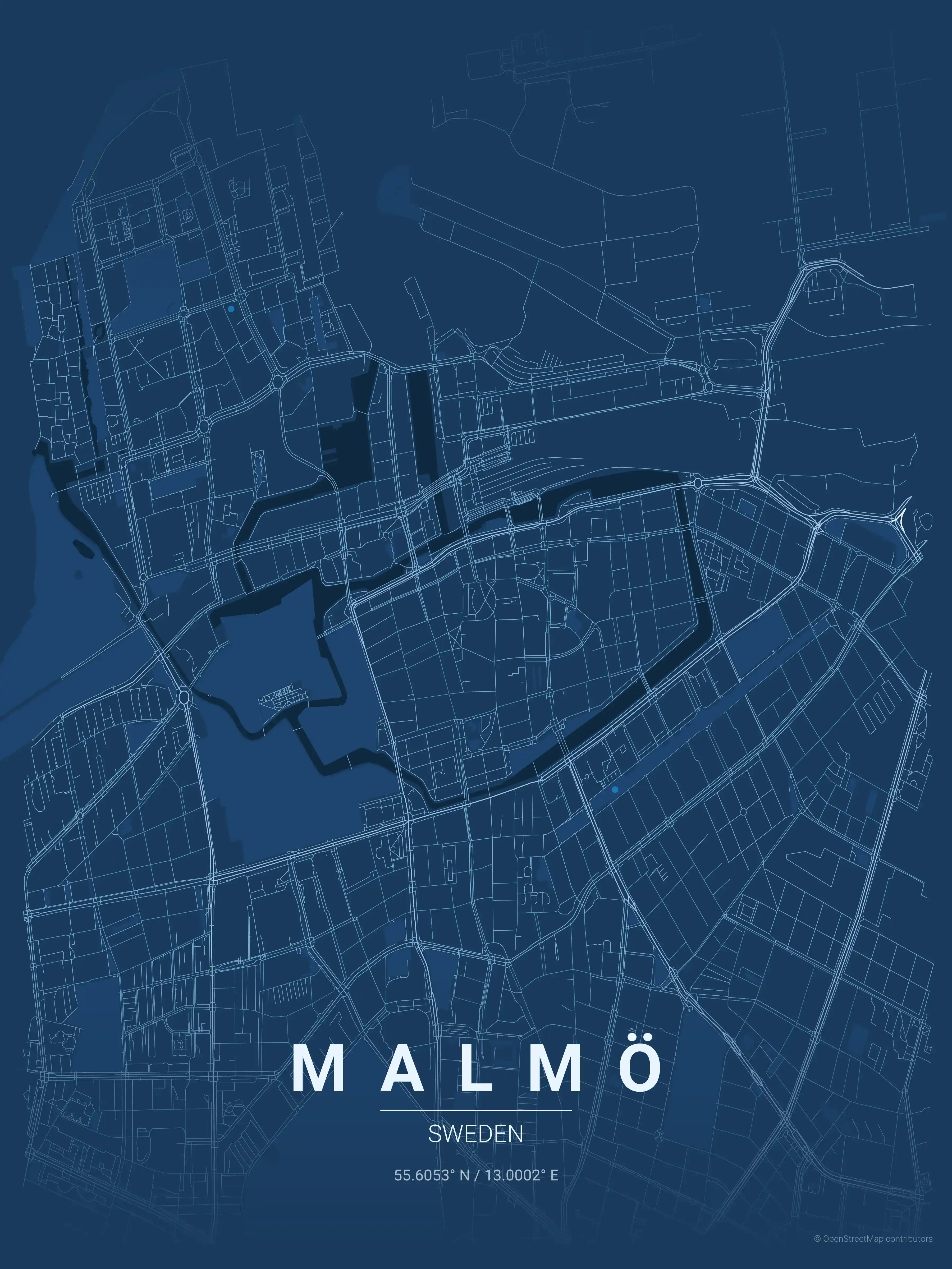 Minimalist blueprint street map of Malmö, Sweden - Urban grid art