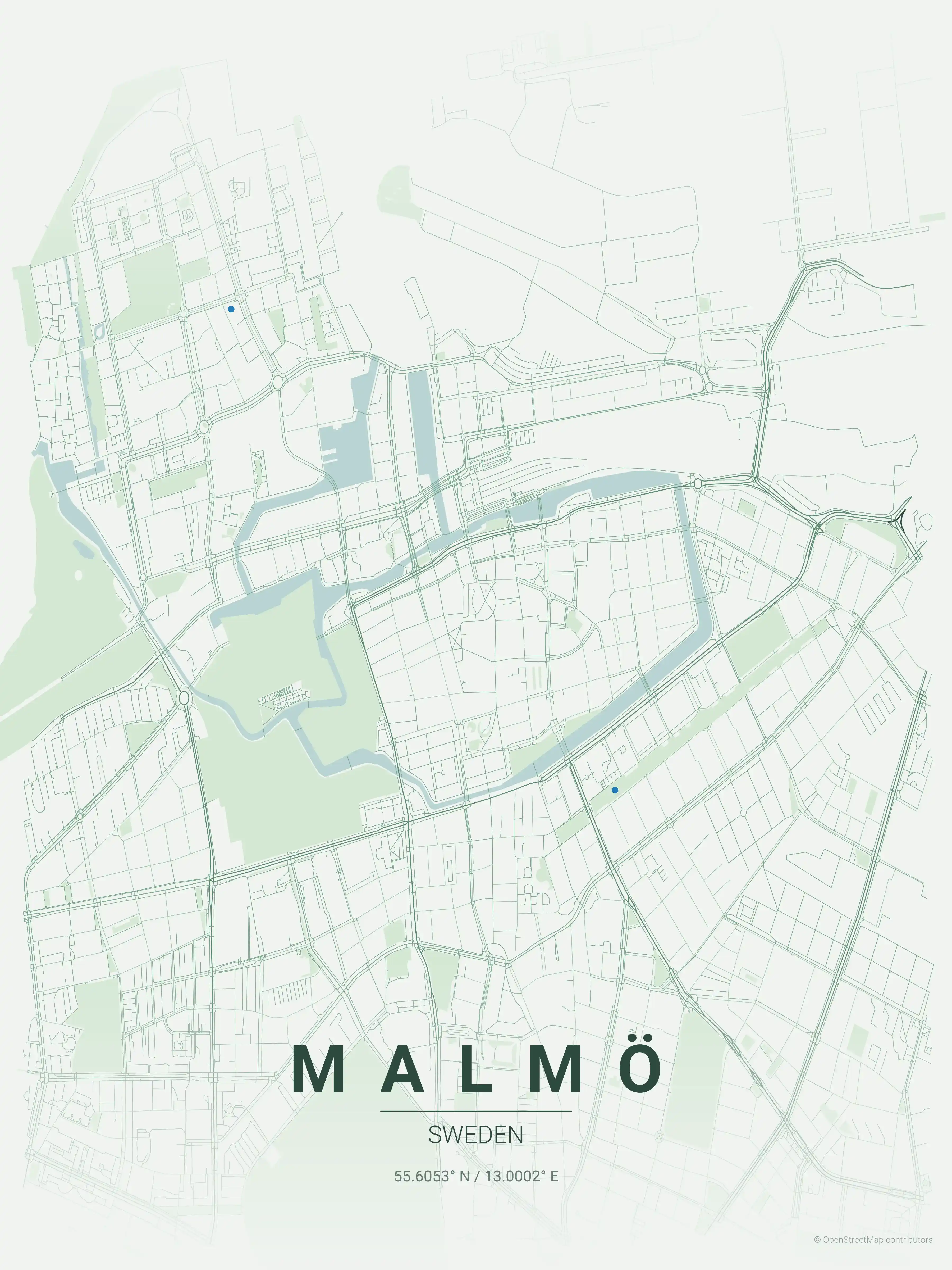 Minimalist forest street map of Malmö, Sweden - Urban grid art