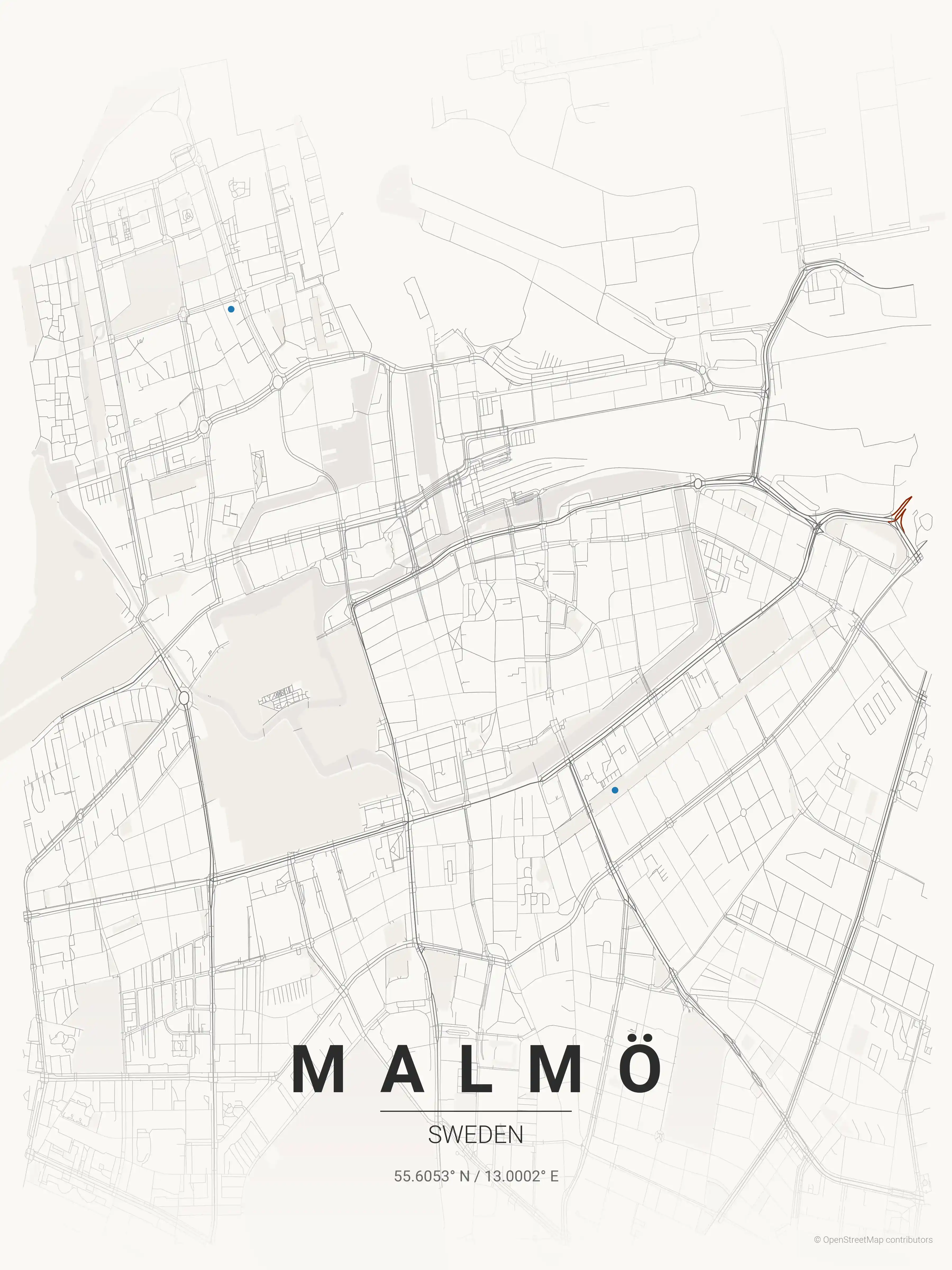 Minimalist japanese_ink street map of Malmö, Sweden - Urban grid art