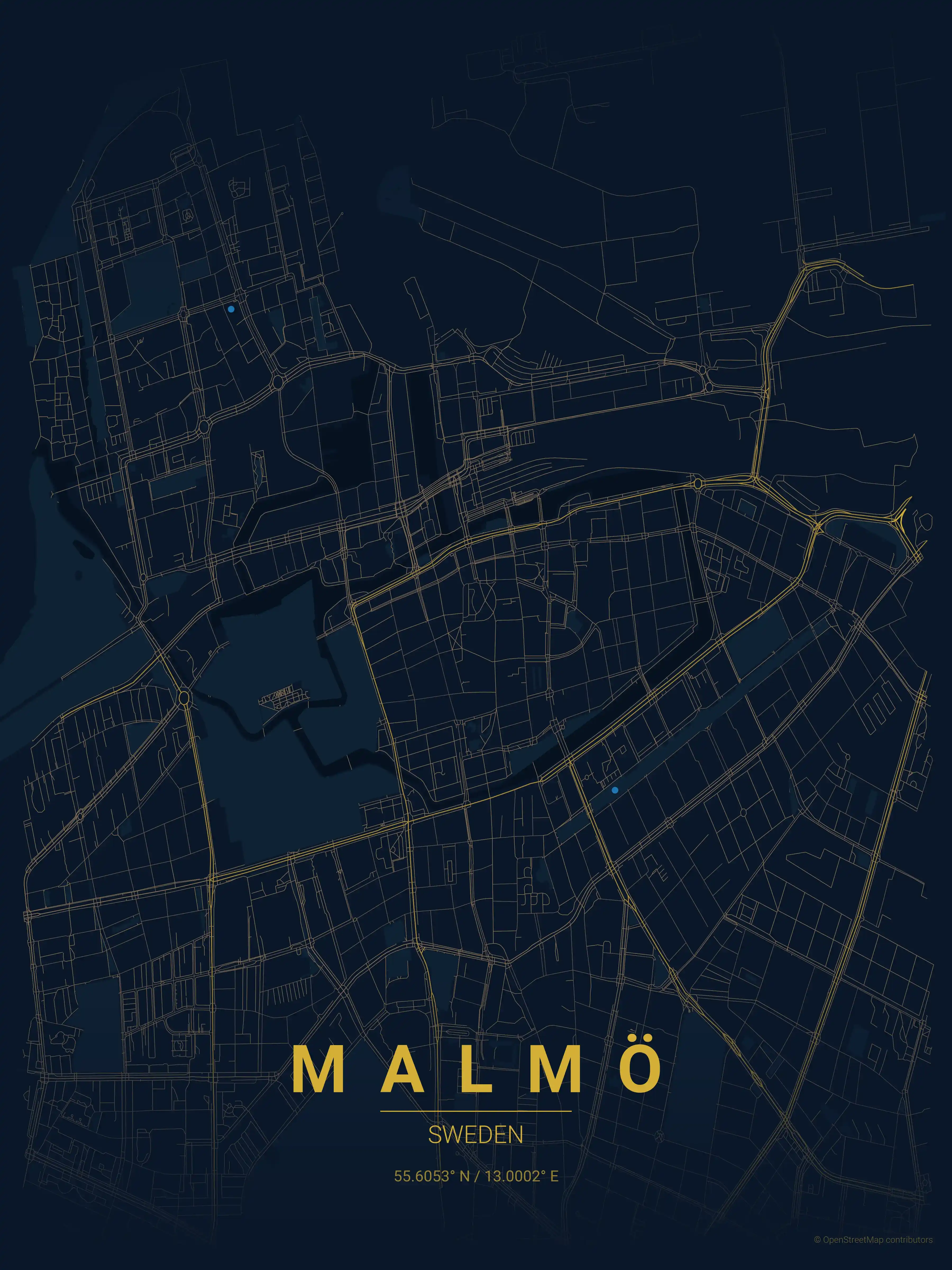 Minimalist midnight_blue street map of Malmö, Sweden - Urban grid art
