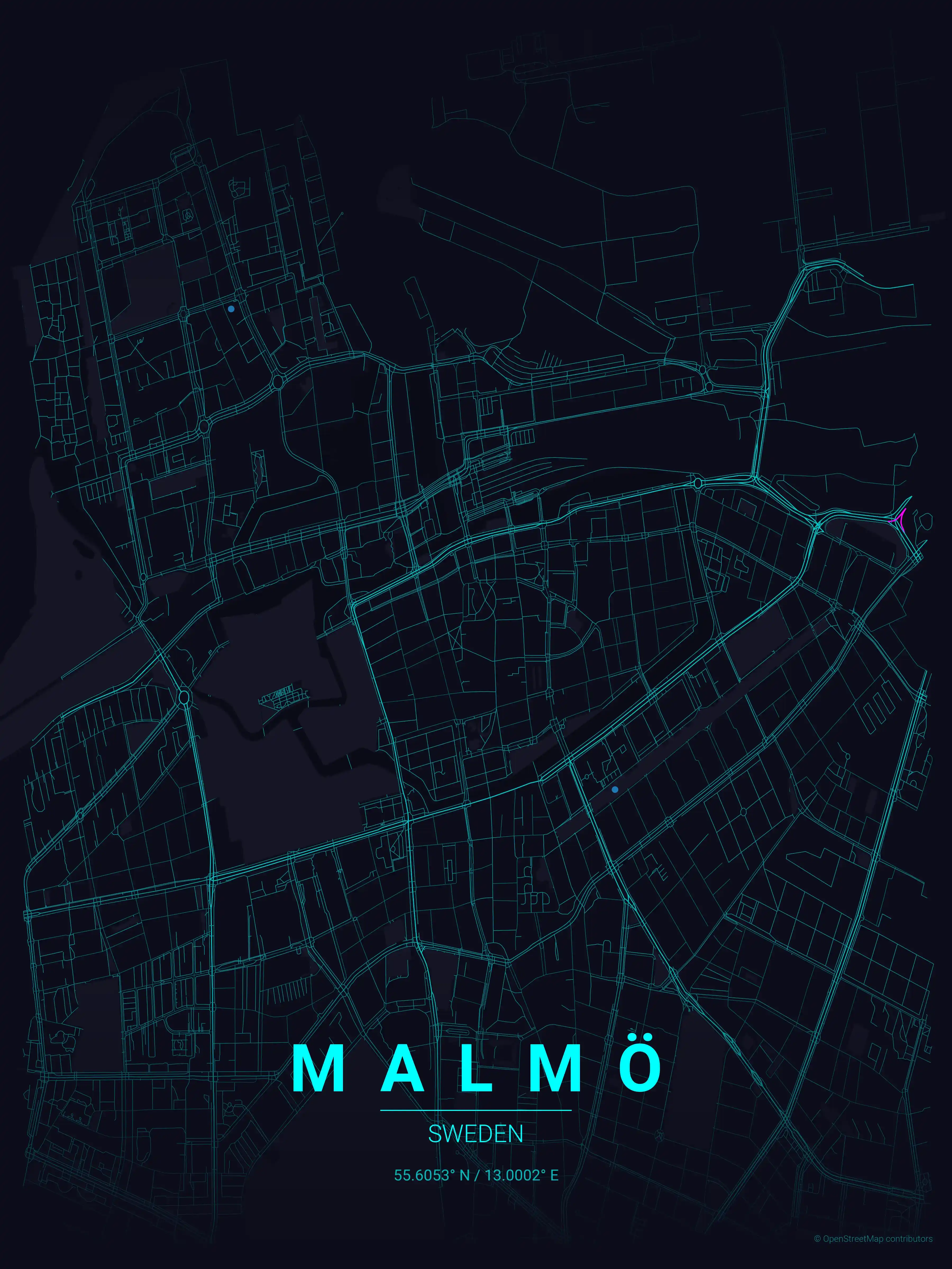Minimalist neon_cyberpunk street map of Malmö, Sweden - Urban grid art