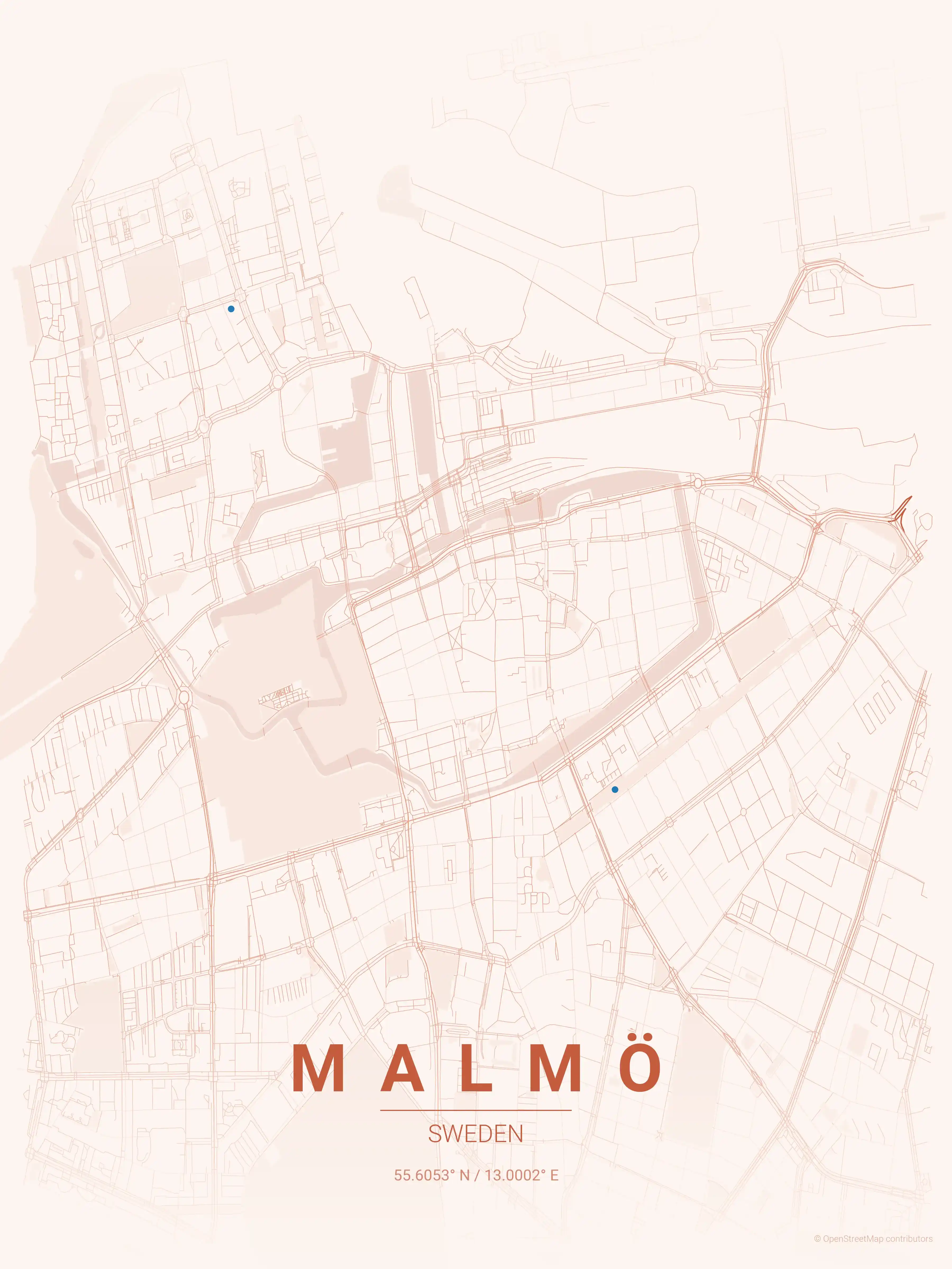 Minimalist sunset street map of Malmö, Sweden - Urban grid art